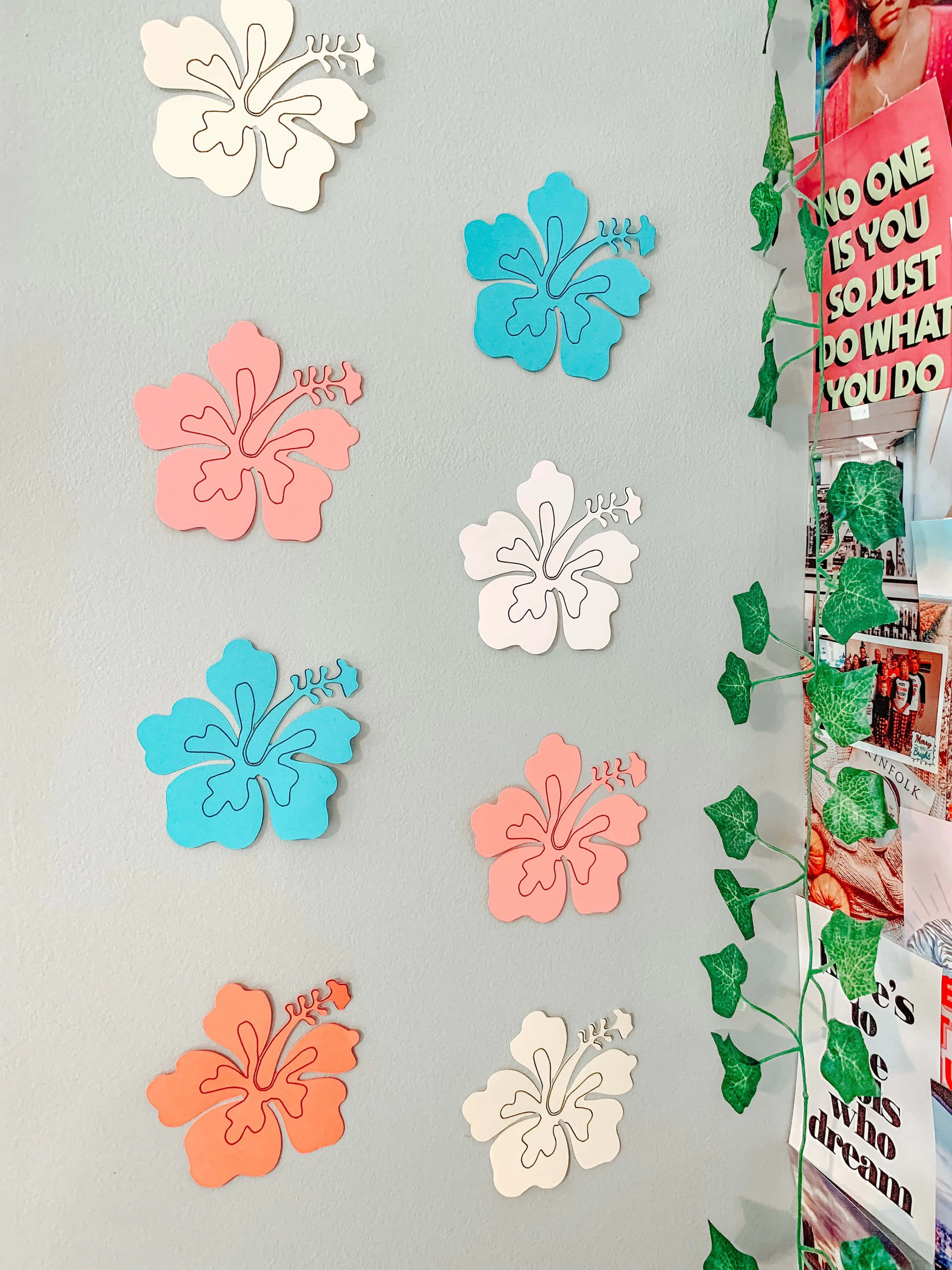 colorful hibiscus wall decals, aesthetic room, pink blue and white, 2K Phone Wallpaper