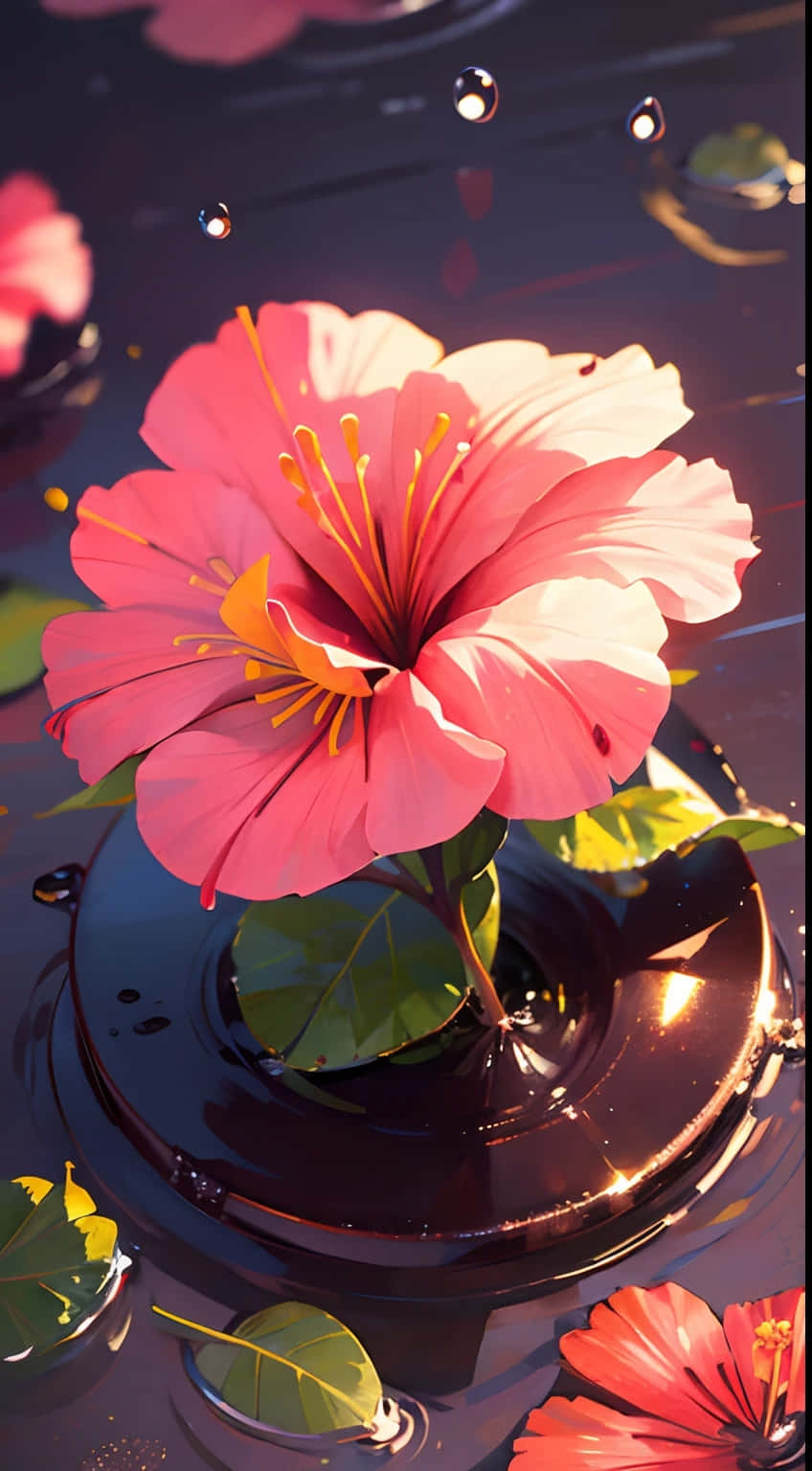 vibrant pink hibiscus, dark water, golden stamens, HD Phone Wallpaper