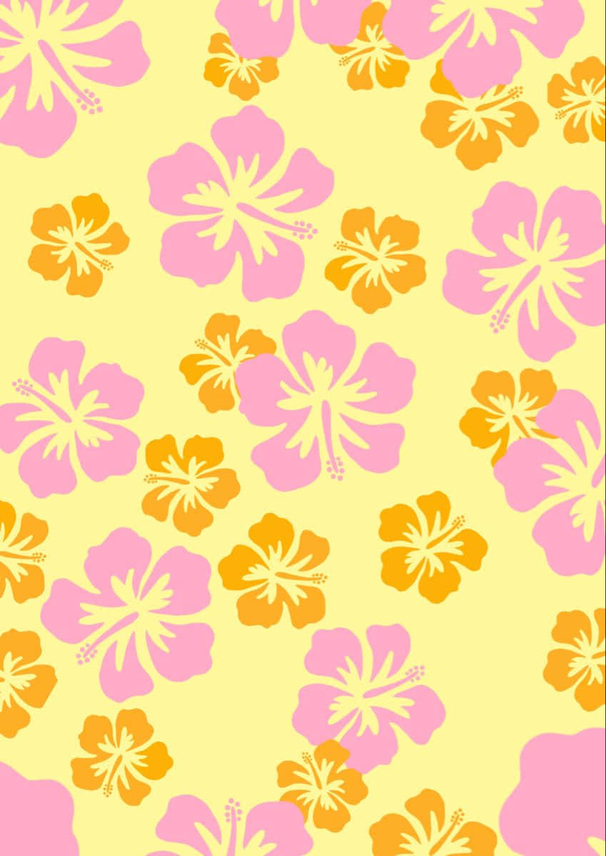 tropical hibiscus pattern, yellow background, vibrant pink and orange hibiscus flowers, SD Phone Wallpaper