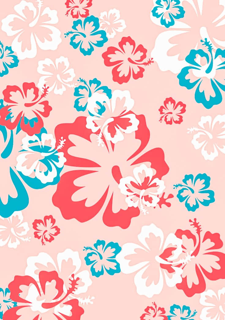 tropical hibiscus pattern, pink background, coral teal, SD Phone Wallpaper