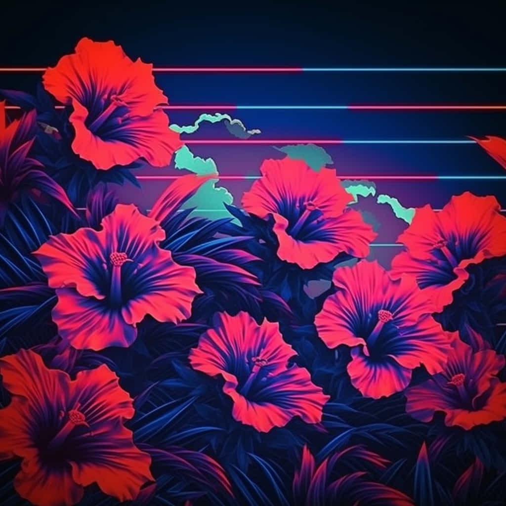 neon pink, red hibiscus flowers, dark blue background, SD Desktop Wallpaper