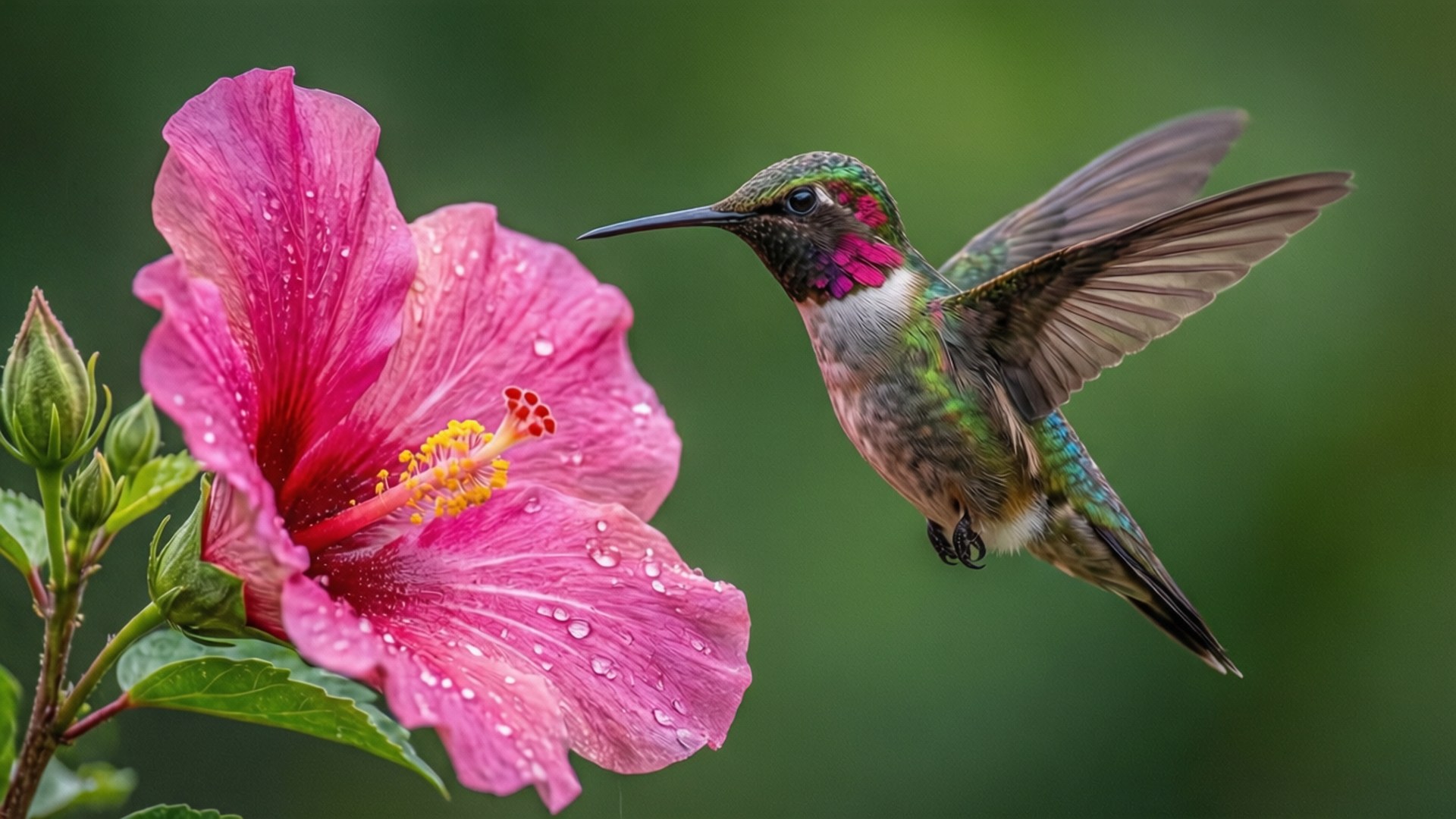 hummingbird, pink hibiscus flower, dewdrop covered, Full HD Desktop Wallpaper