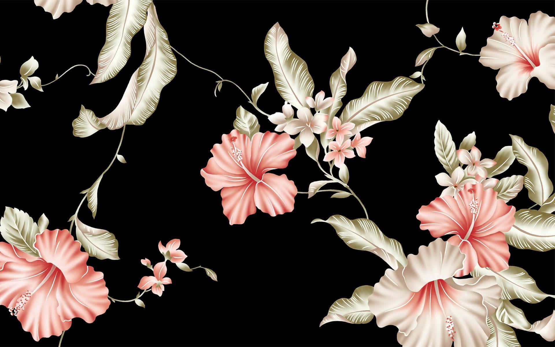 pink hibiscus flower, cream leaves, stark black background, Full HD Desktop Wallpaper
