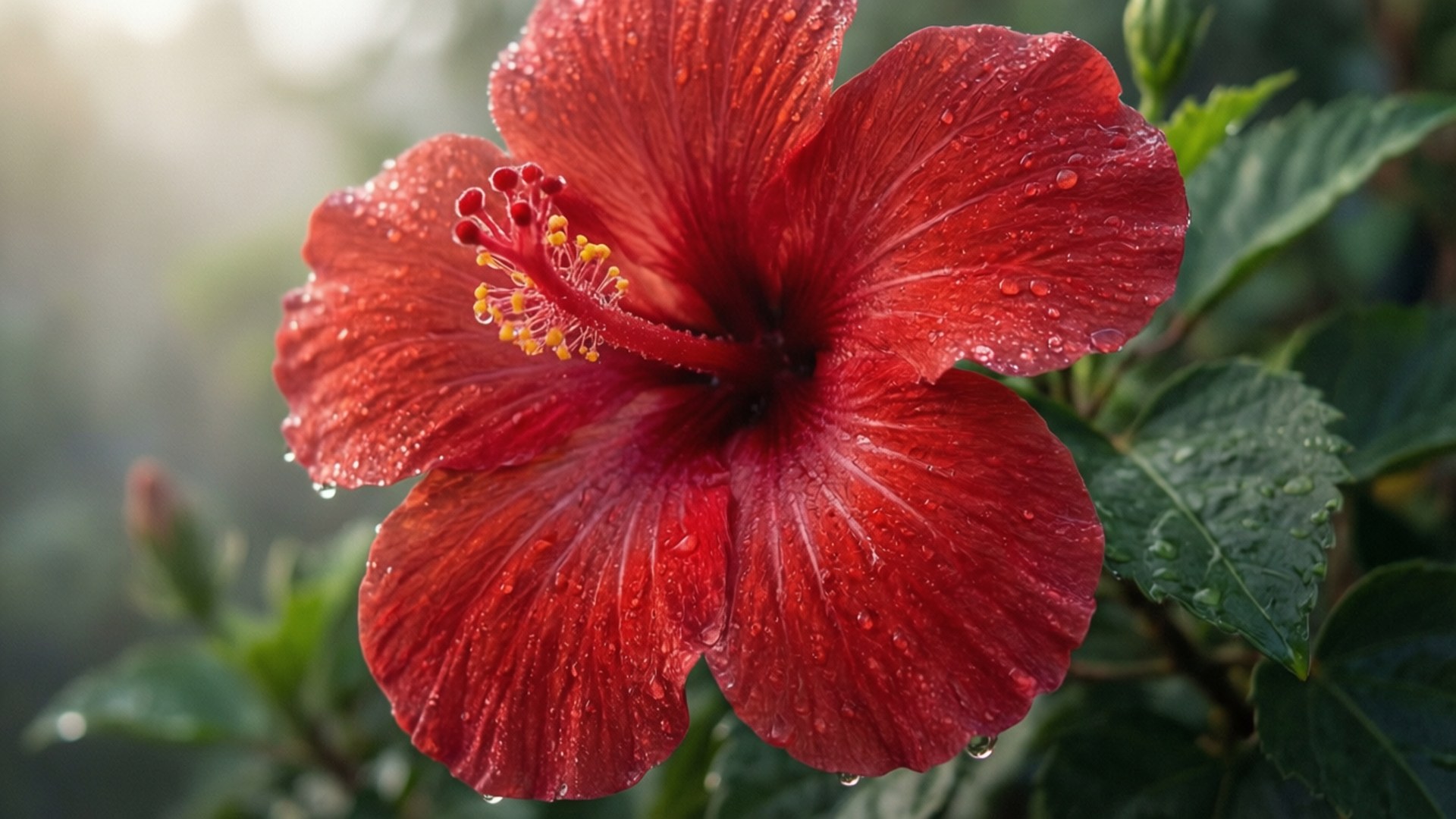 dewy red hibiscus, vibrant red hibiscus flower, dewdrops, Full HD Desktop Wallpaper