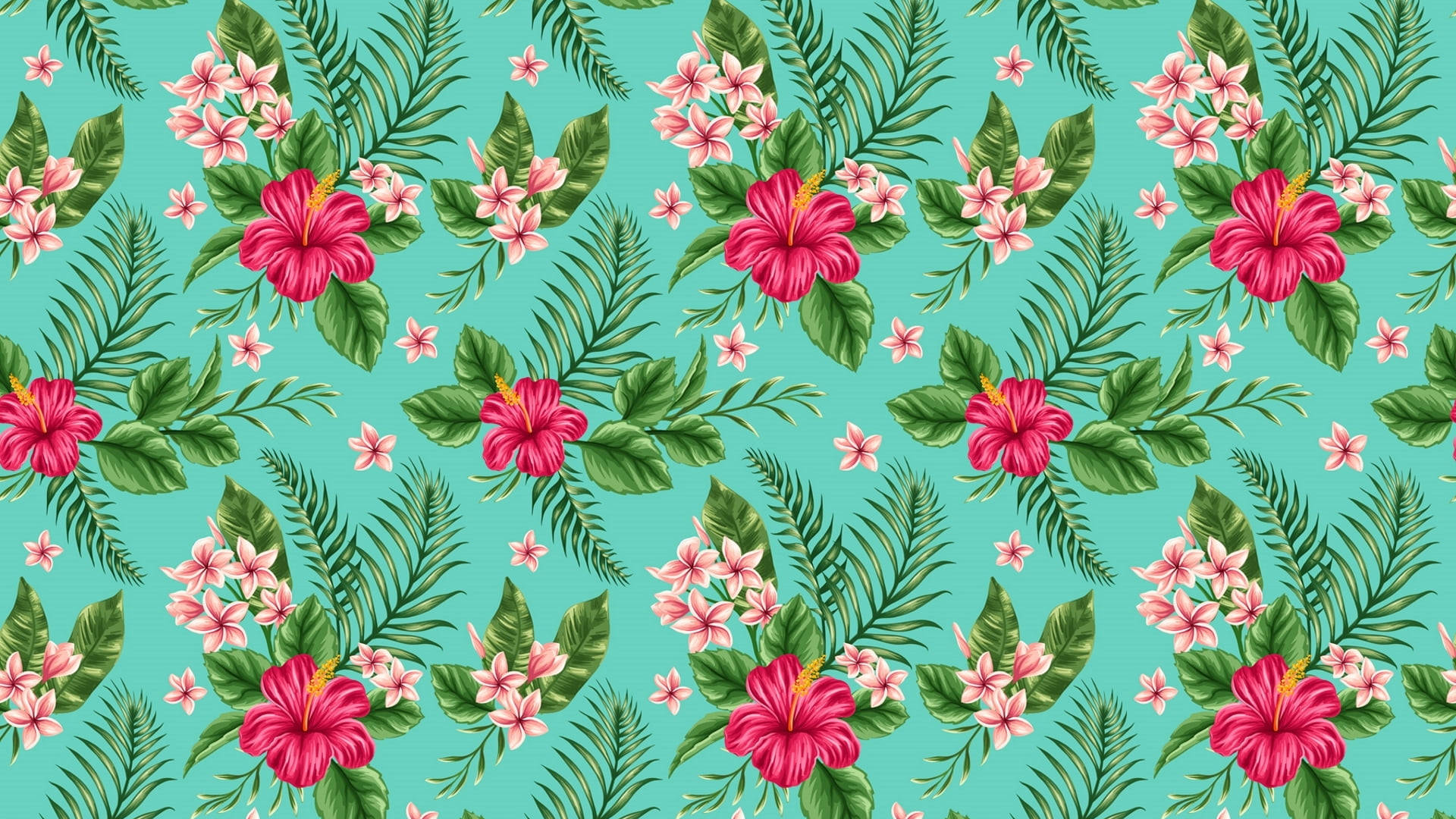 Hibiscus Pattern, vibrant pink hibiscus flowers, lush green ferns, Full HD Desktop Wallpaper