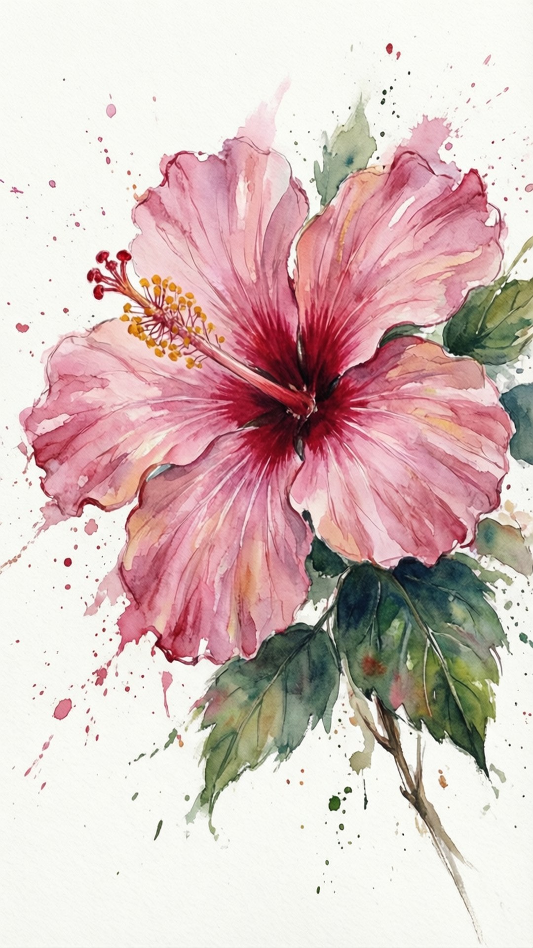 pink watercolor hibiscus, pink petals, yellow stamen, Full HD Phone Wallpaper