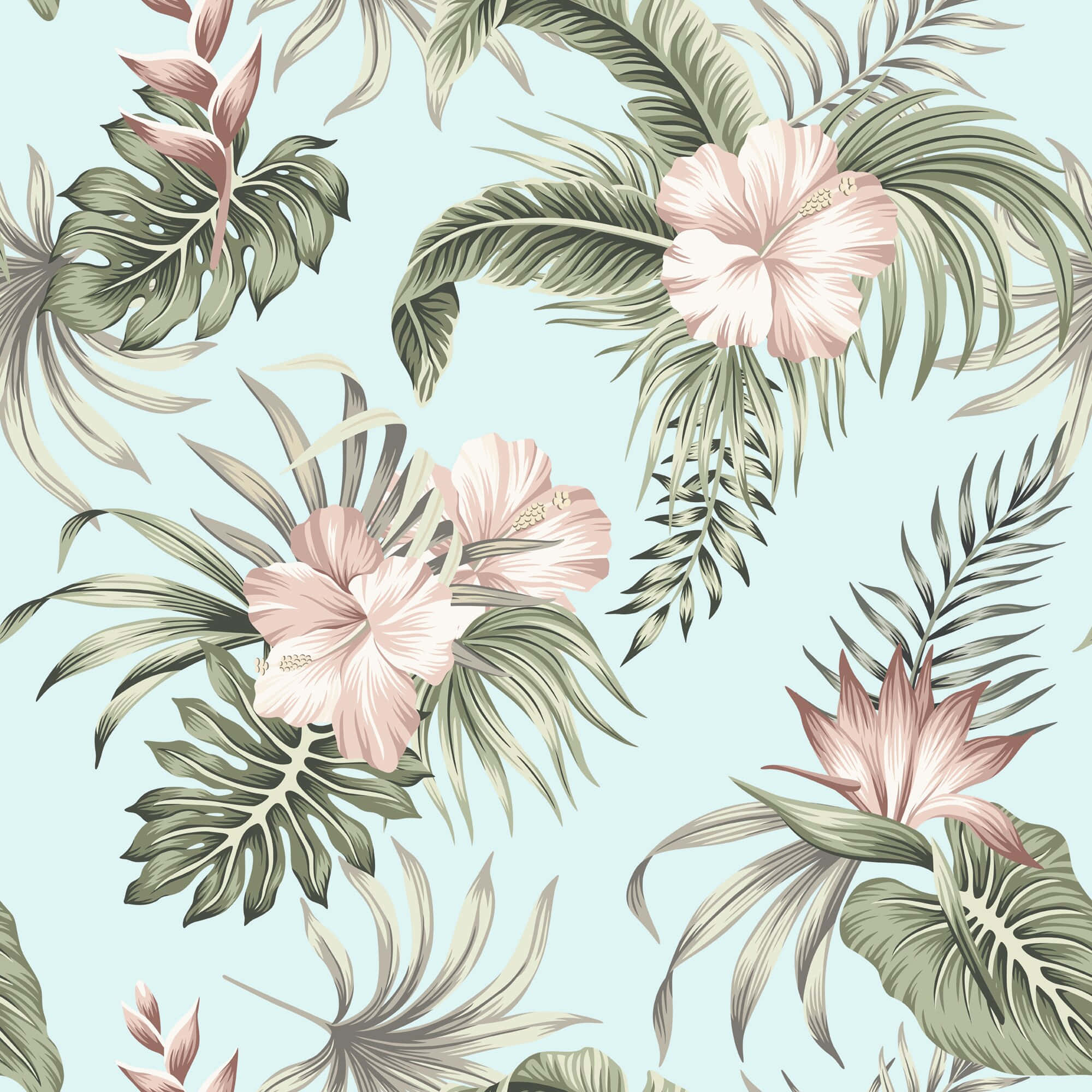 pink hibiscus, monstera leaves, tropical floral pattern, Full HD Desktop Wallpaper