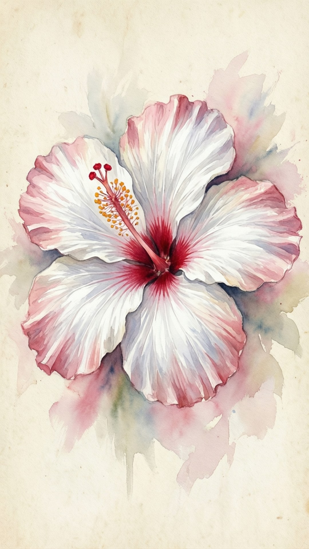 watercolor, white hibiscus, pink-edged petals, Full HD Phone Wallpaper