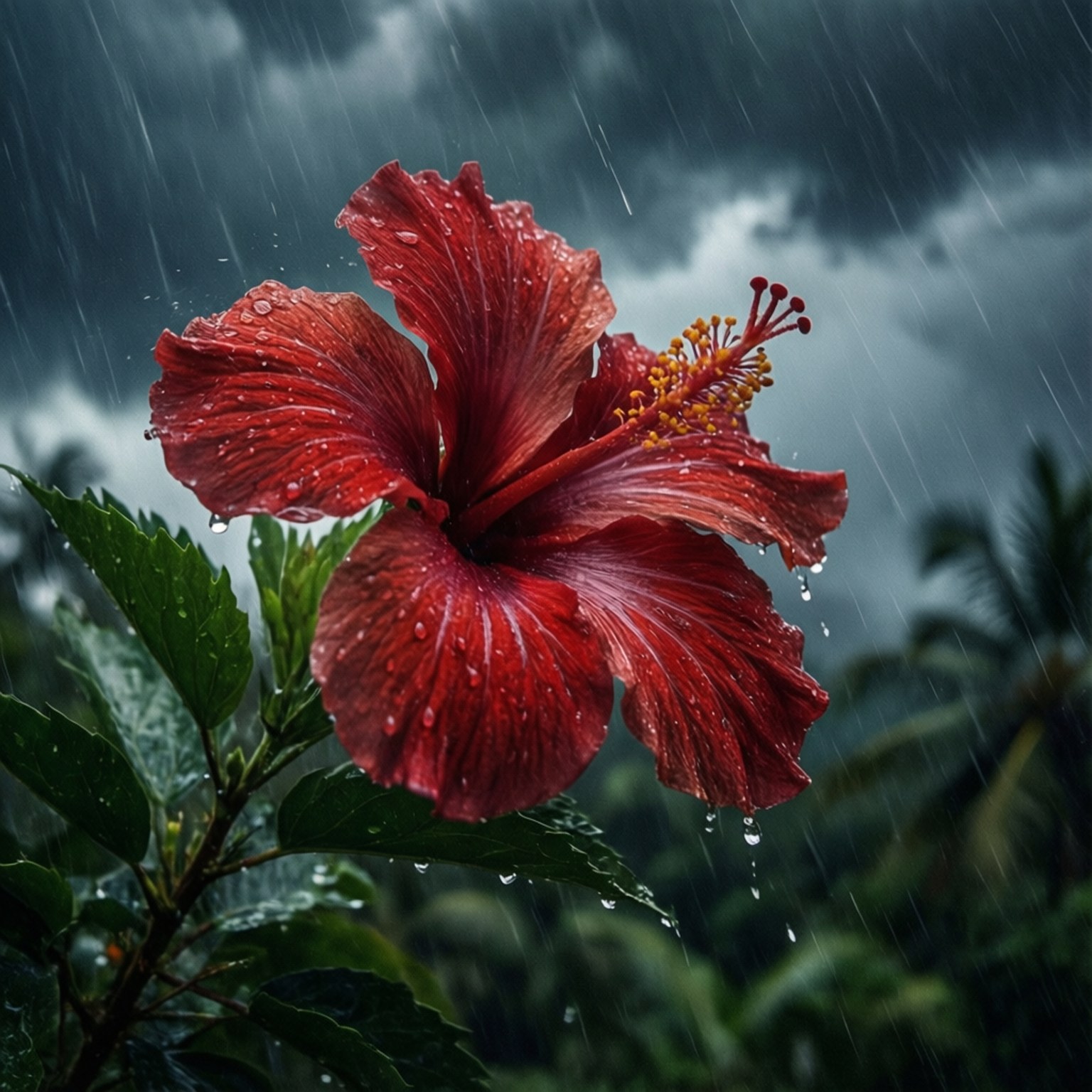 Stormy Hibiscus, vivid red hibiscus, heavy rain, HD Desktop Wallpaper