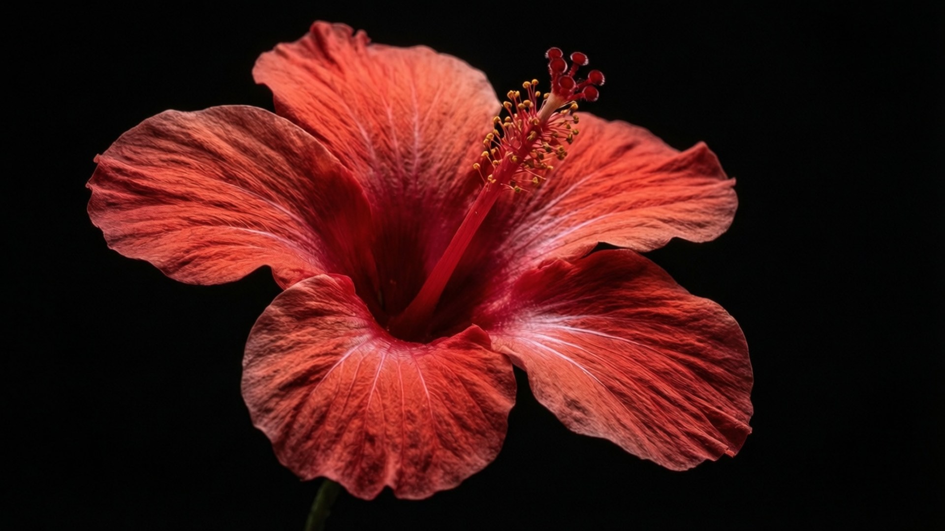 red hibiscus, black background, textured petals, Full HD Desktop Wallpaper