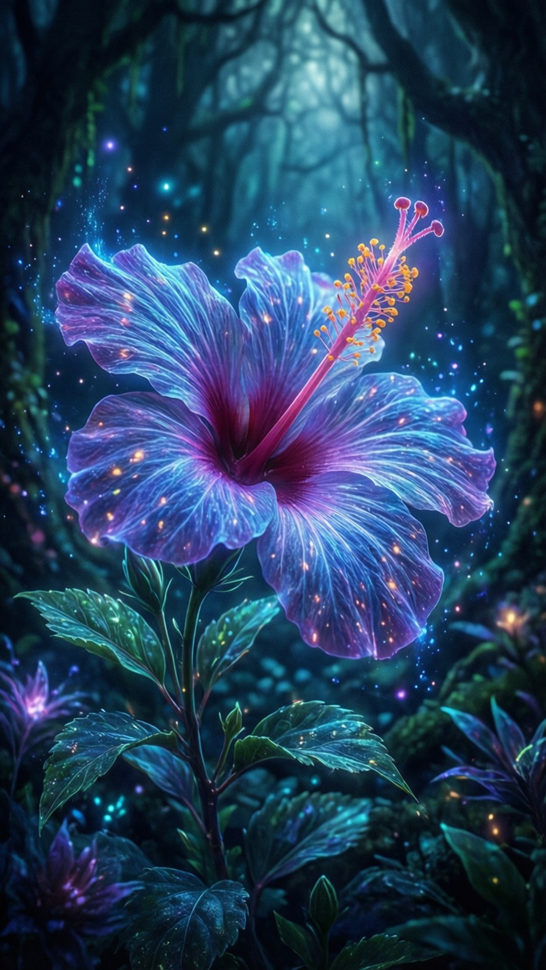 enchanted hibiscus, glowing blue and purple hibiscus flower, dark enchanted forest, Full HD Phone Wallpaper