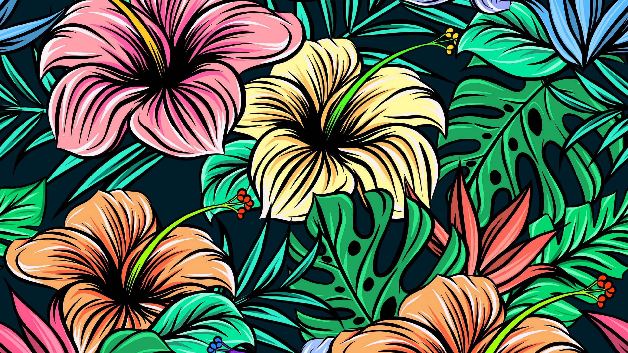 hibiscus flower, tropical flowers, neon colors, 2K Desktop Wallpaper