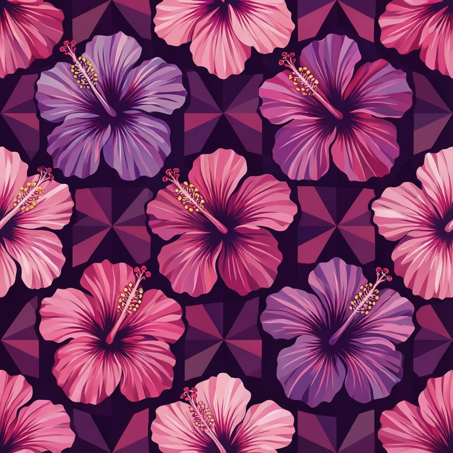 geometric hibiscus pattern, vibrant pink and purple hibiscus flowers, yellow stamens, HD Desktop Wallpaper