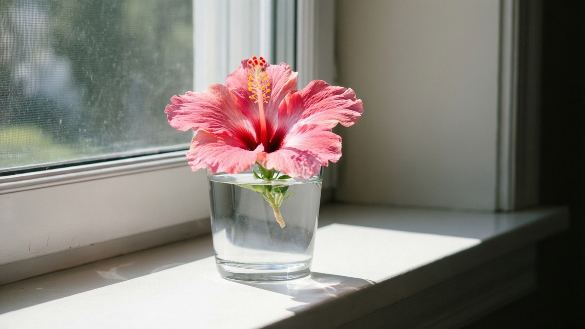 pink hibiscus flower, clear glass vase, sunlit windowsill, Full HD Desktop Wallpaper
