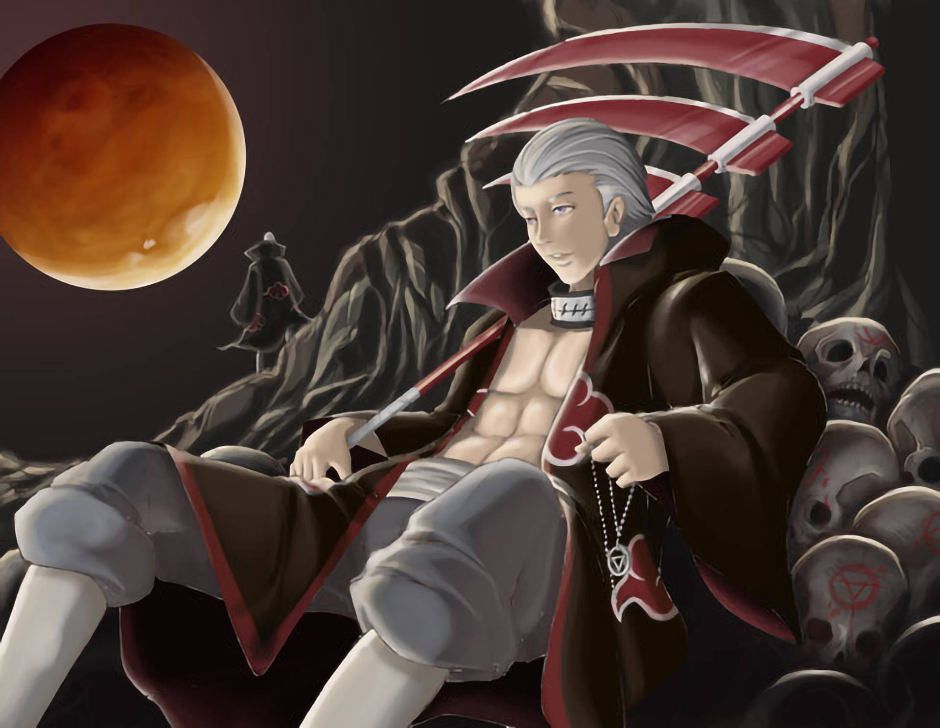 Hidan Akatsuki, red scythe, skulls, Full HD Desktop Wallpaper