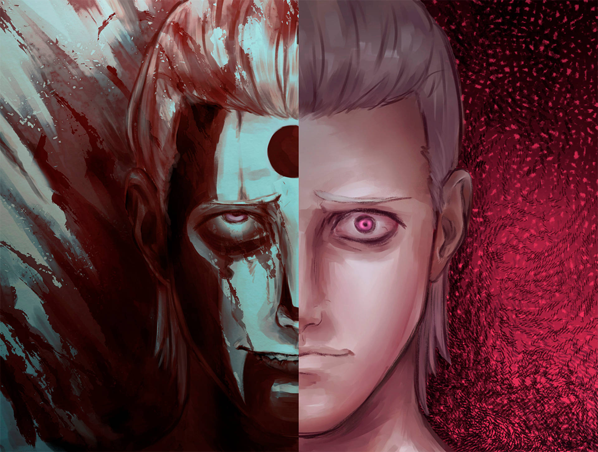 Hidan Akatsuki, teal, blood red, Full HD Desktop Wallpaper