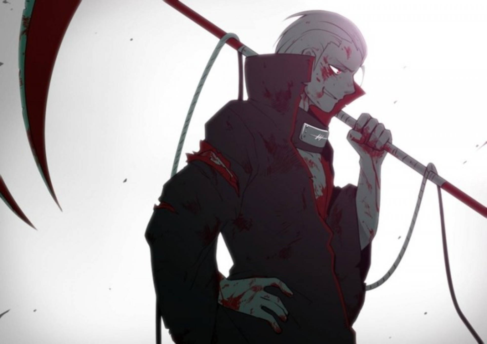 Hidan Akatsuki, bloodied scythe, stark white background, Full HD Desktop Wallpaper
