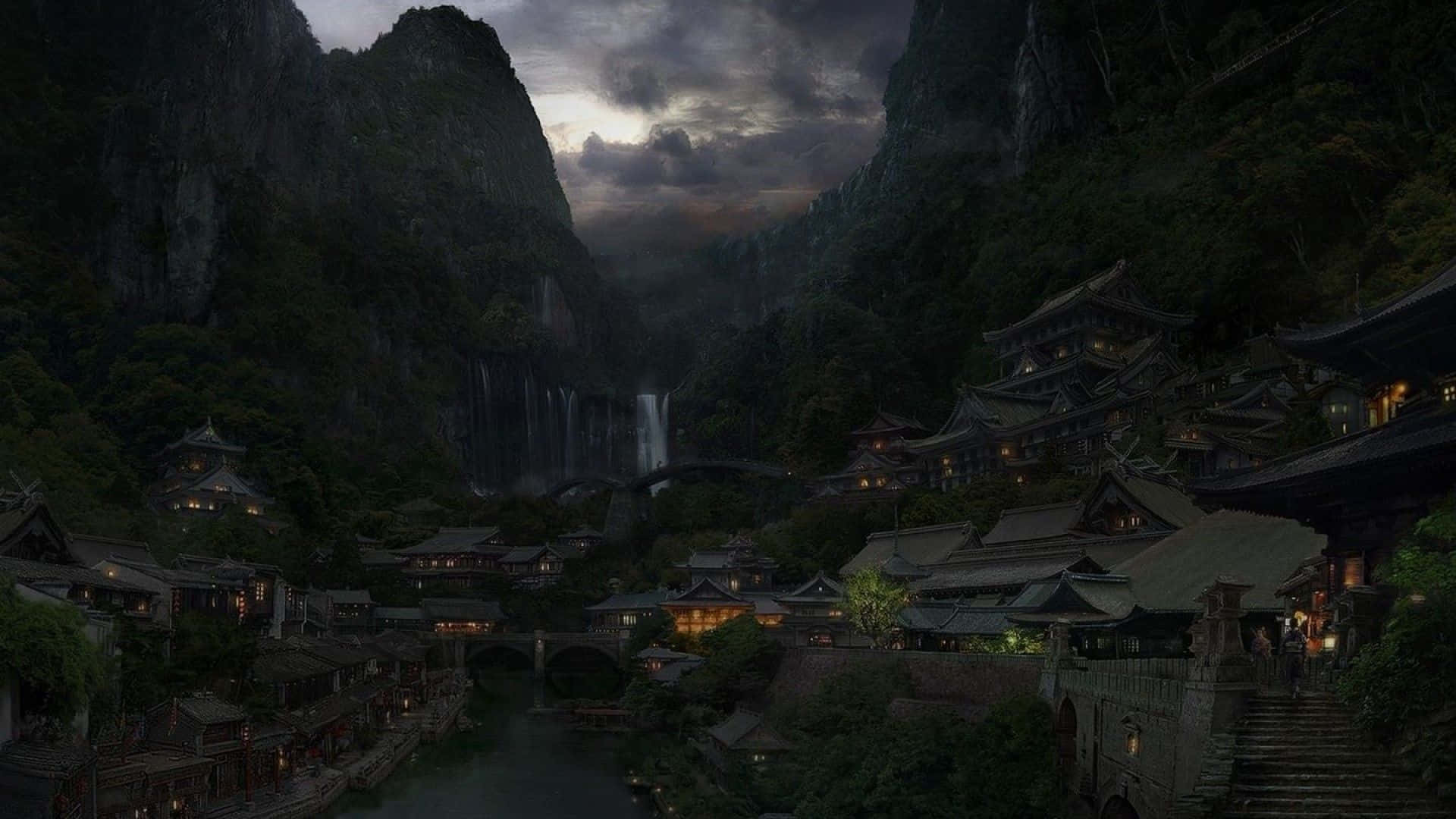 Hidden Leaf Village, misty mountain valley, dusk, Full HD Desktop Wallpaper