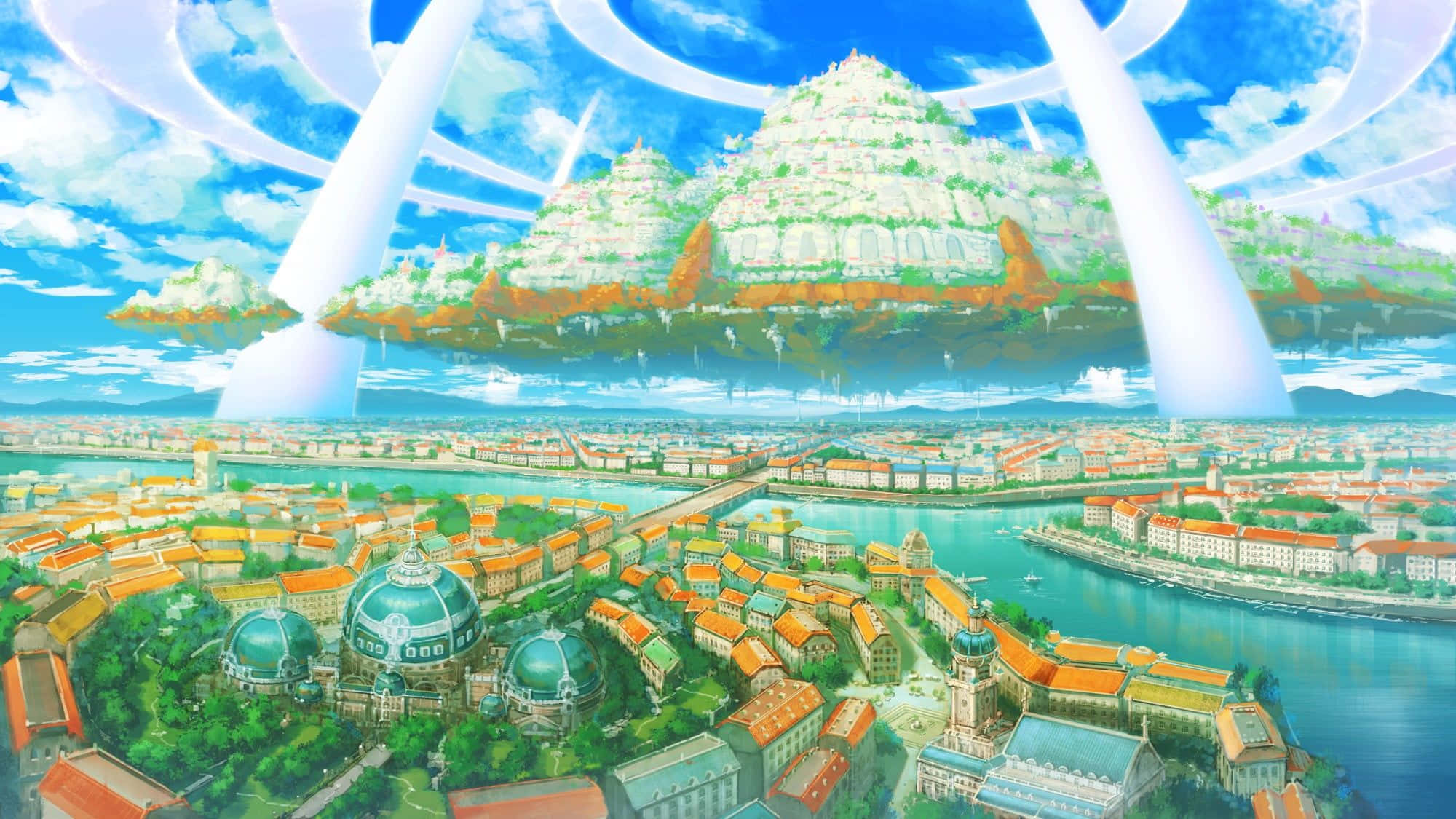Hidden Leaf Village, floating mountain fortress, glowing beams, Full HD Desktop Wallpaper