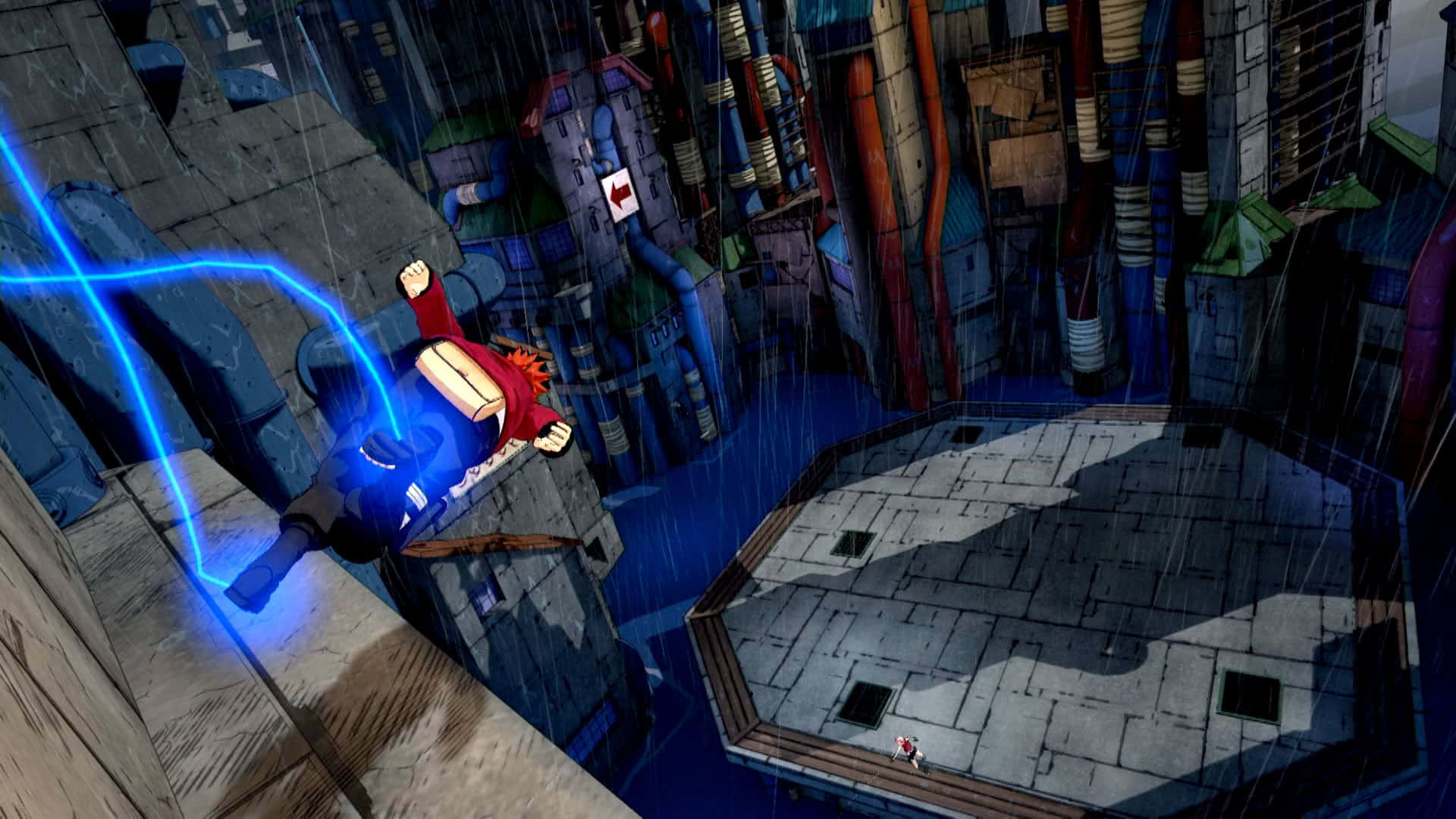 Hidden Mist Village, red-haired anime character, glowing blue energy blade, Full HD Desktop Wallpaper