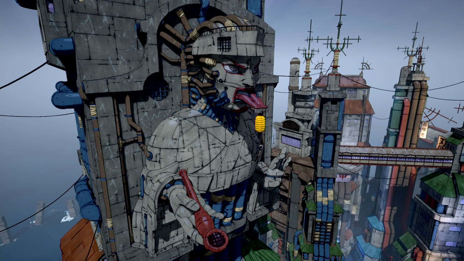 Hidden Mist Village, mechanical god statue, dense cityscape, Full HD Desktop Wallpaper