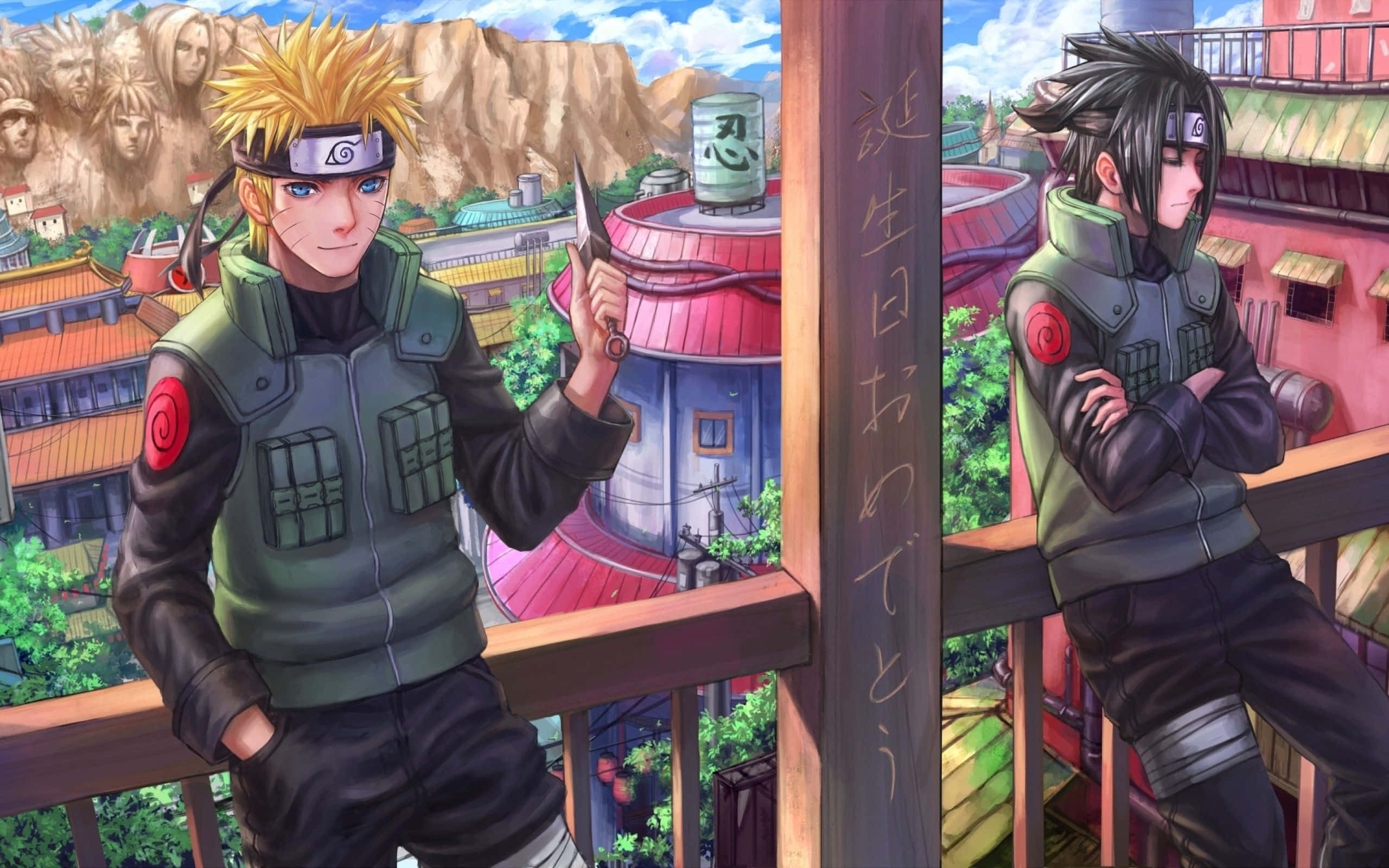 Hidden Leaf Village, anime ninja, wooden balcony, 2K Desktop Wallpaper