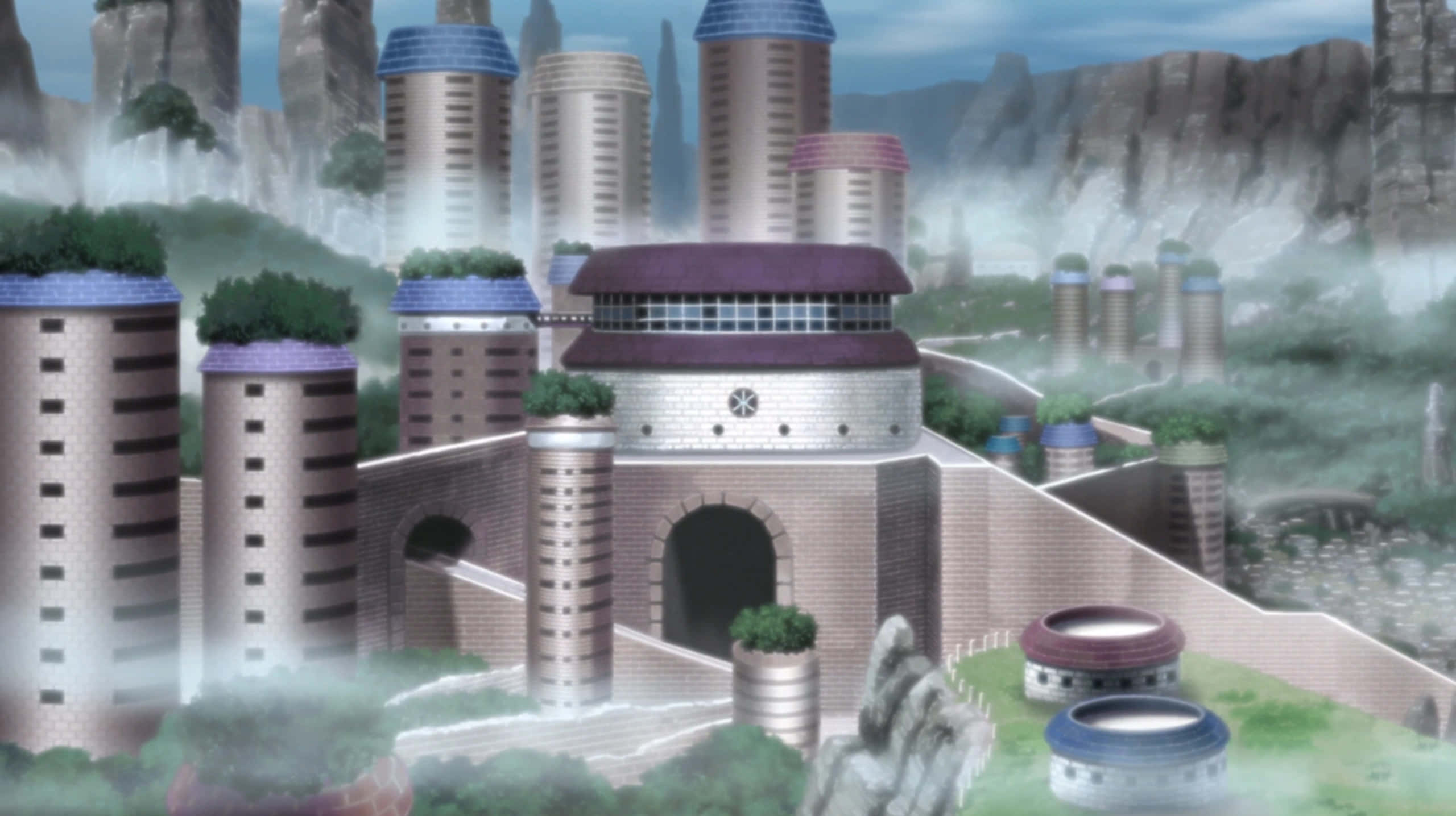 Hidden Mist Village, misty anime cityscape, cylindrical buildings, 2K Desktop Wallpaper