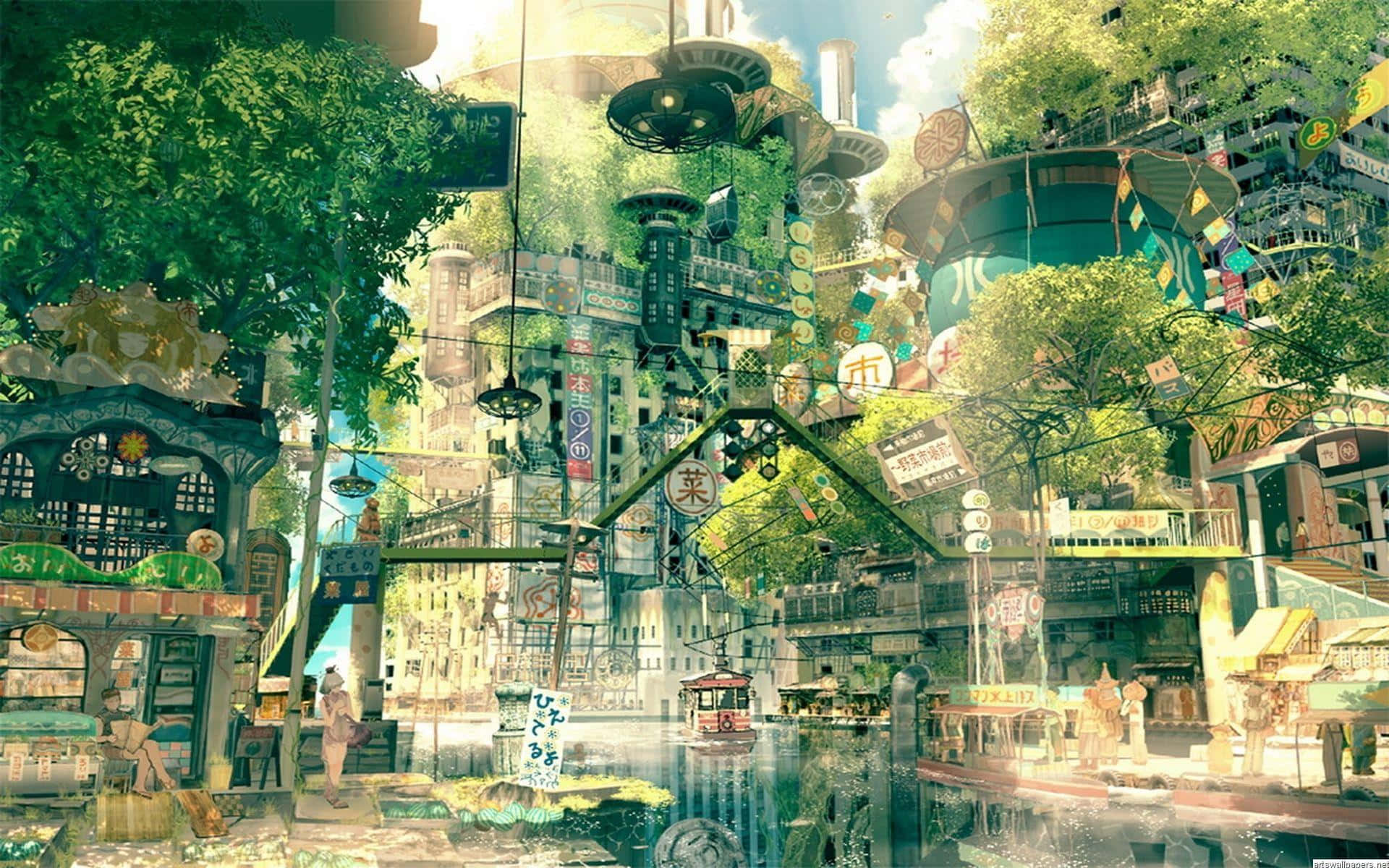 Hidden Leaf Village, anime-style cityscape, lush green trees, Full HD Desktop Wallpaper