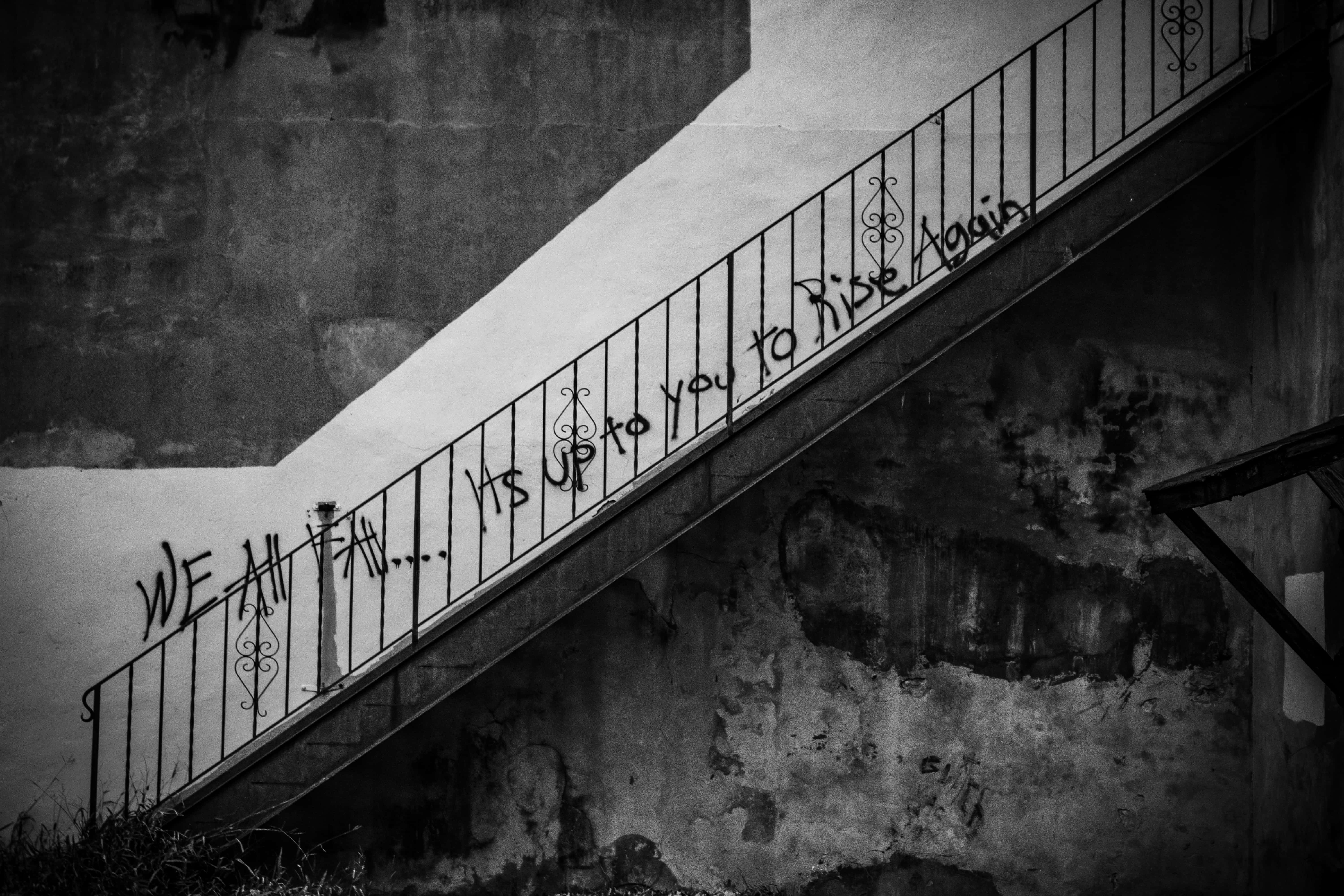 Hidden Mist Village, staircase, black and white photo, 5K Desktop Wallpaper
