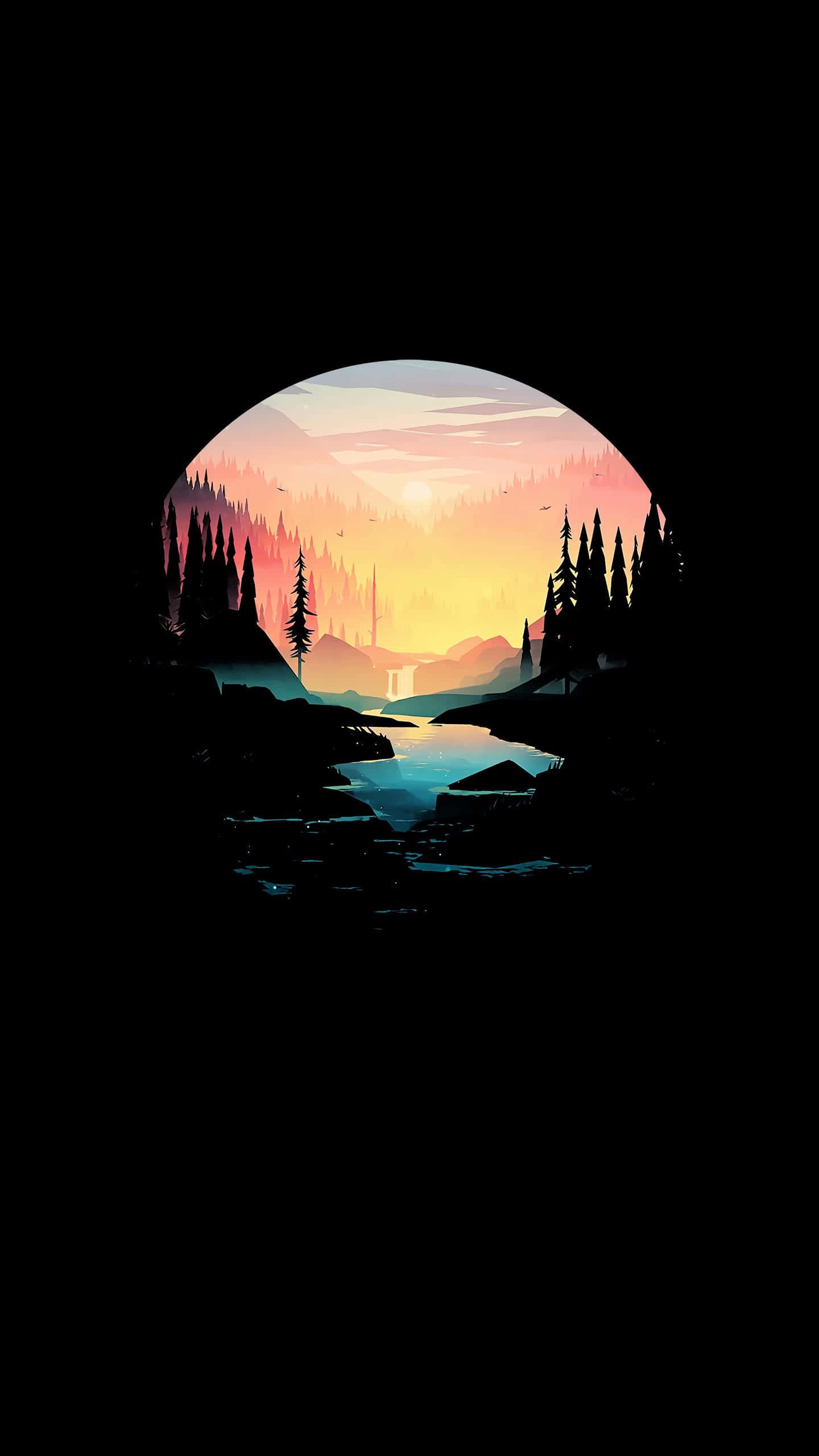 Hidden Mist Village, glowing sunset, dark circular frame, 2K Phone Wallpaper