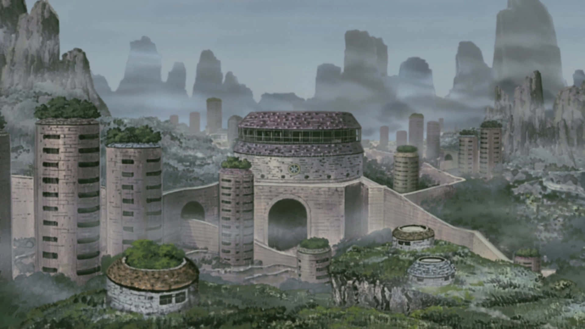 Hidden Mist Village, futuristic city, stone towers, Full HD Desktop Wallpaper