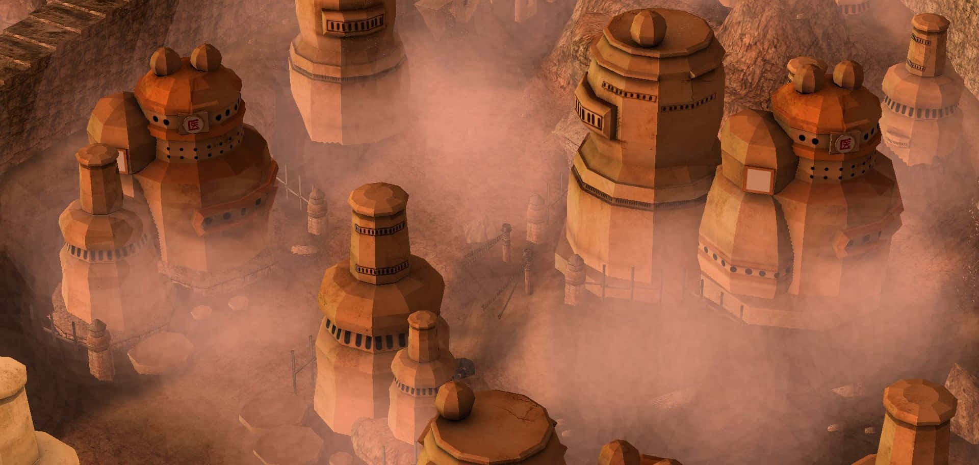Hidden Sand Village, floating stone towers, swirling orange mist, Full HD Desktop Wallpaper