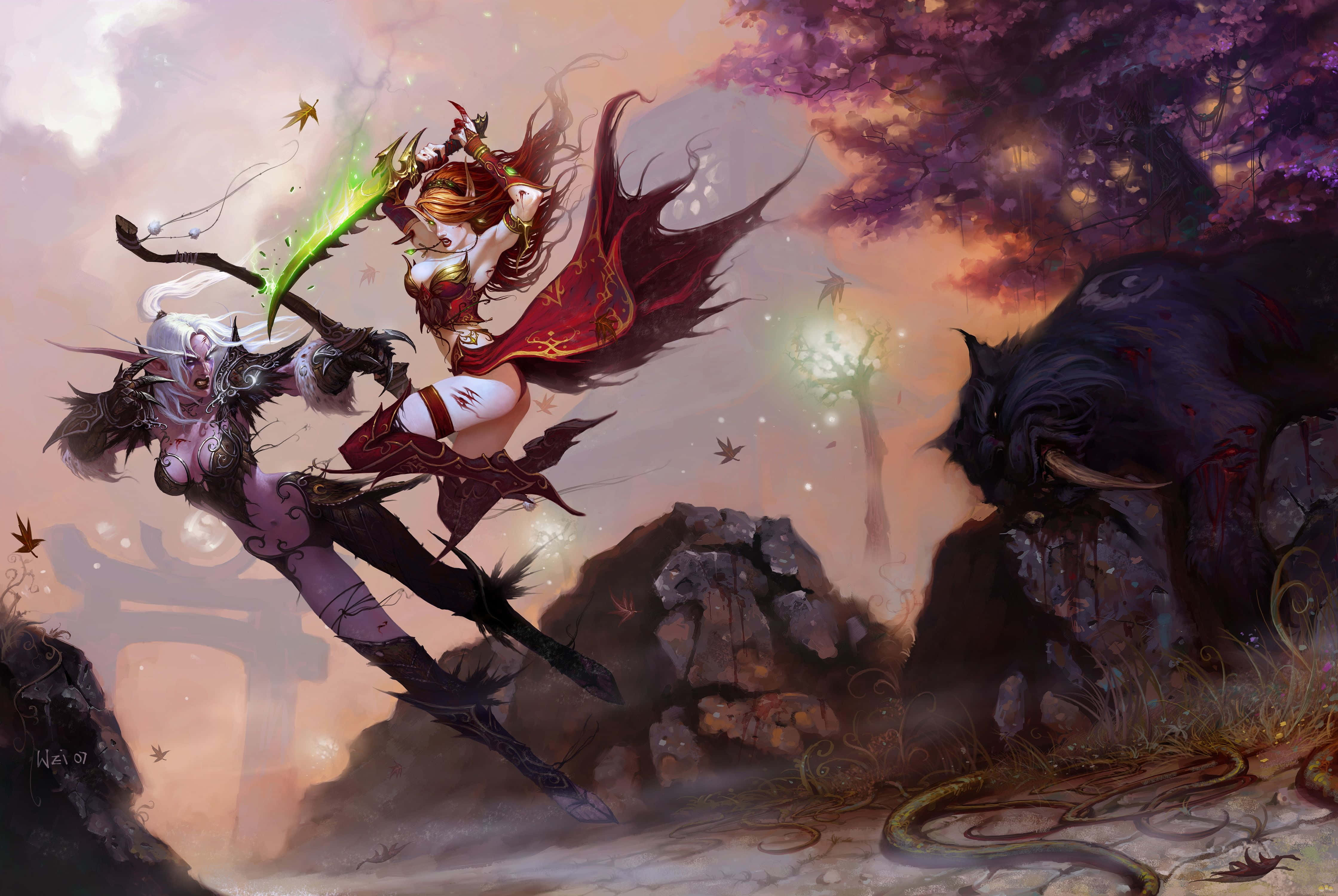 High Elf Archer, fiery-haired warrior, red armor, 4K Desktop Wallpaper