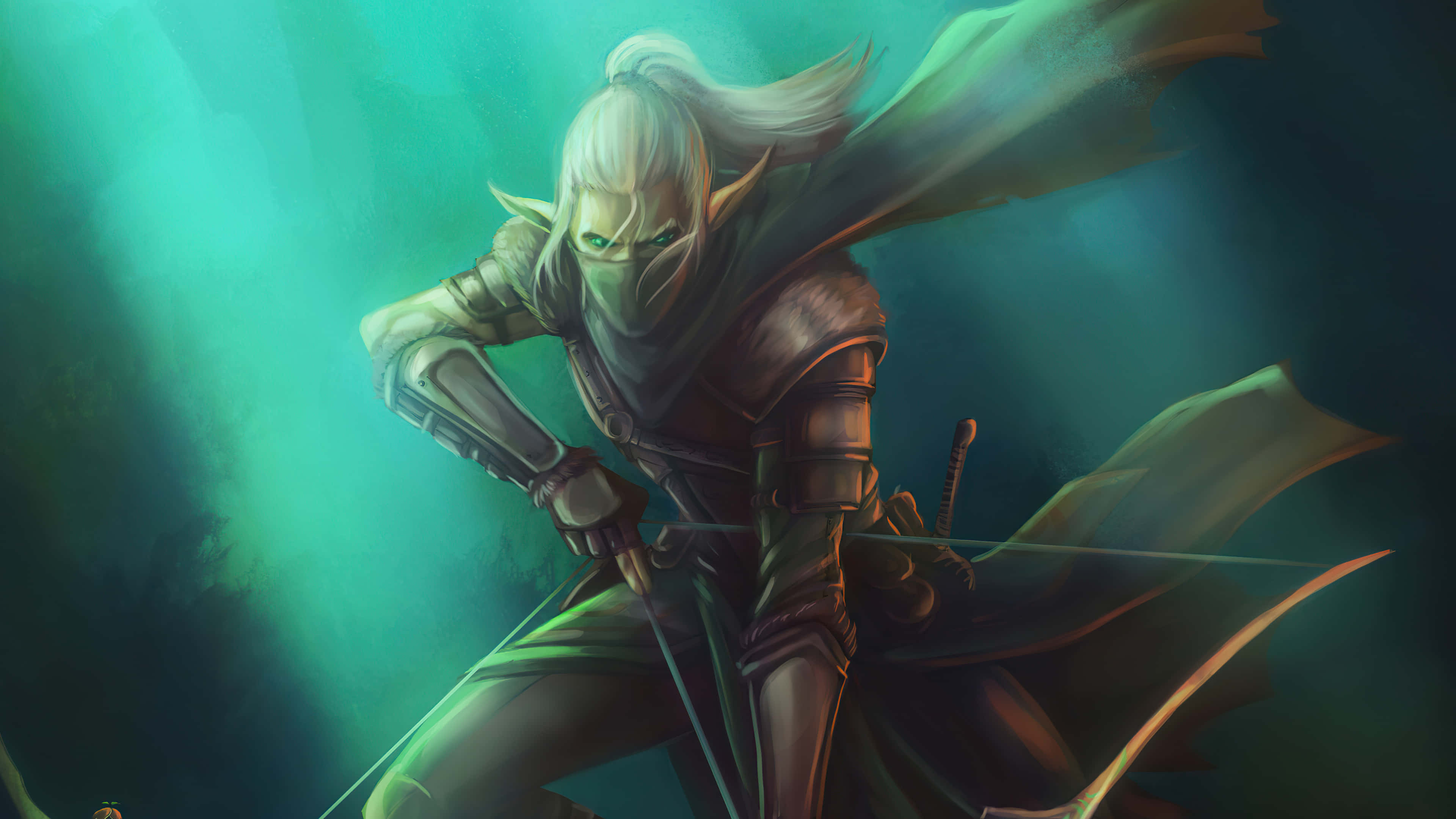 High Elf Archer, glowing green eyes, white hair, 4K Desktop Wallpaper