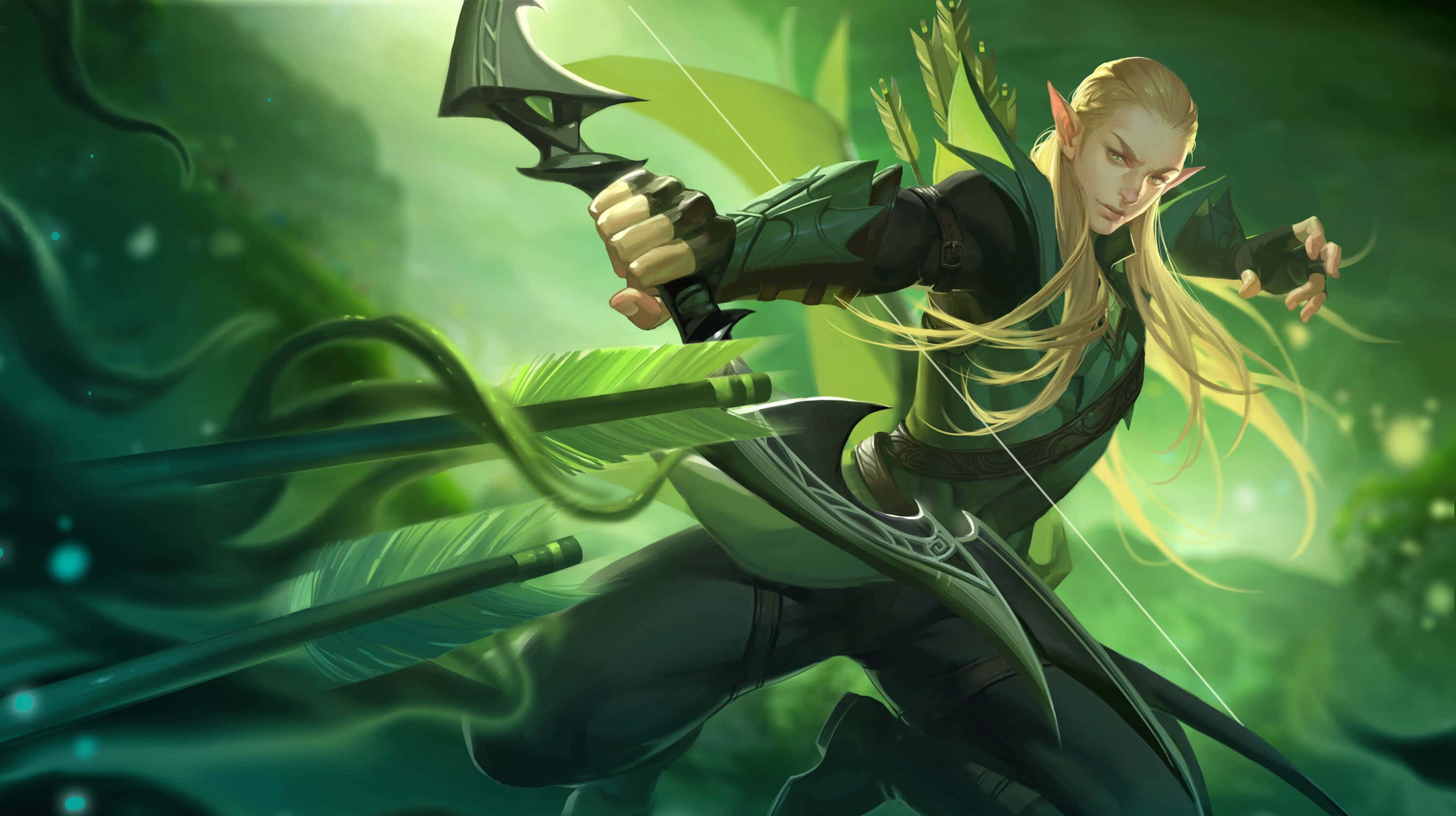 High Elf Archer, long blonde hair, bow, 2K Desktop Wallpaper