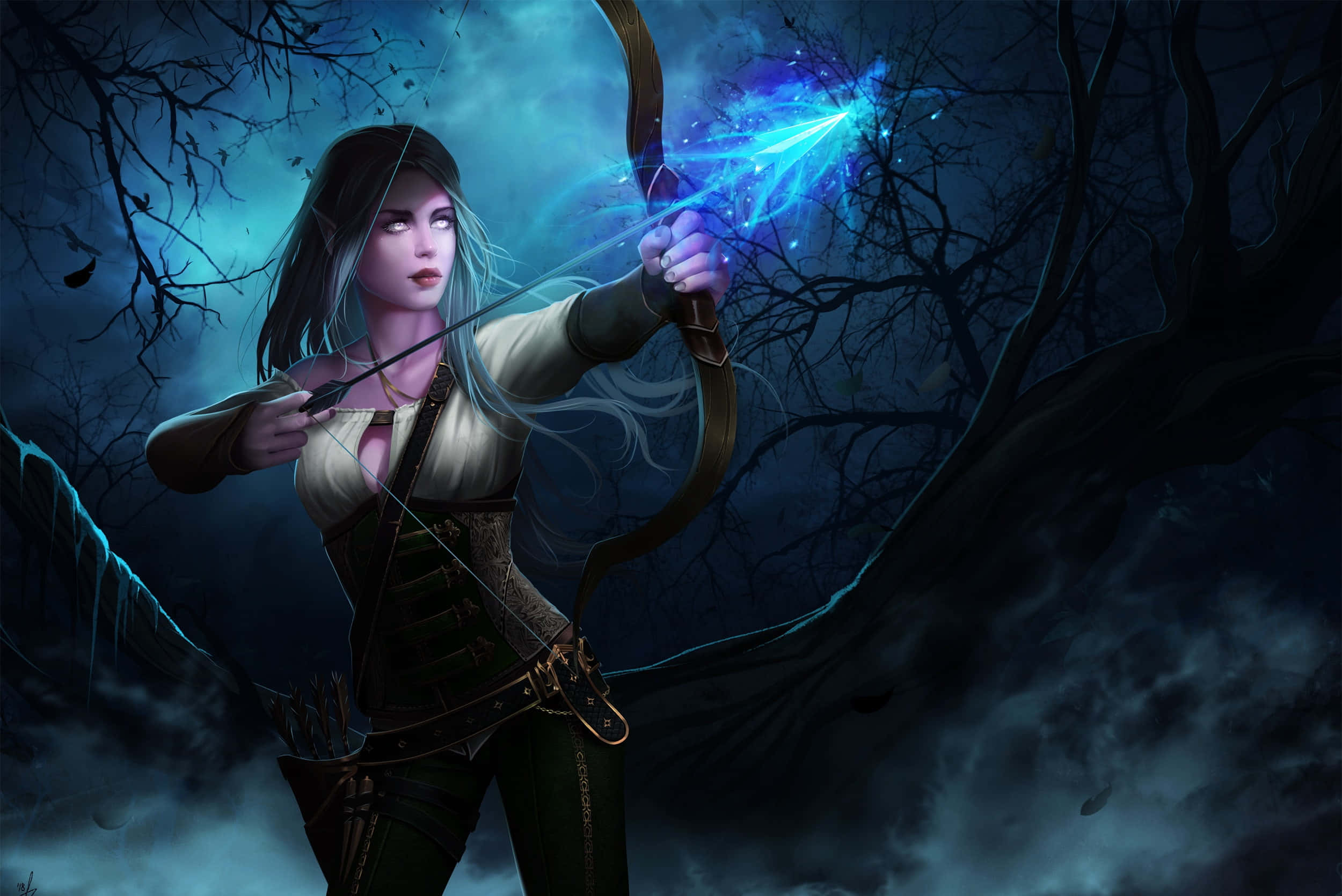 High Elf Archer, glowing blue arrow, moonlit sky, Full HD Desktop Wallpaper