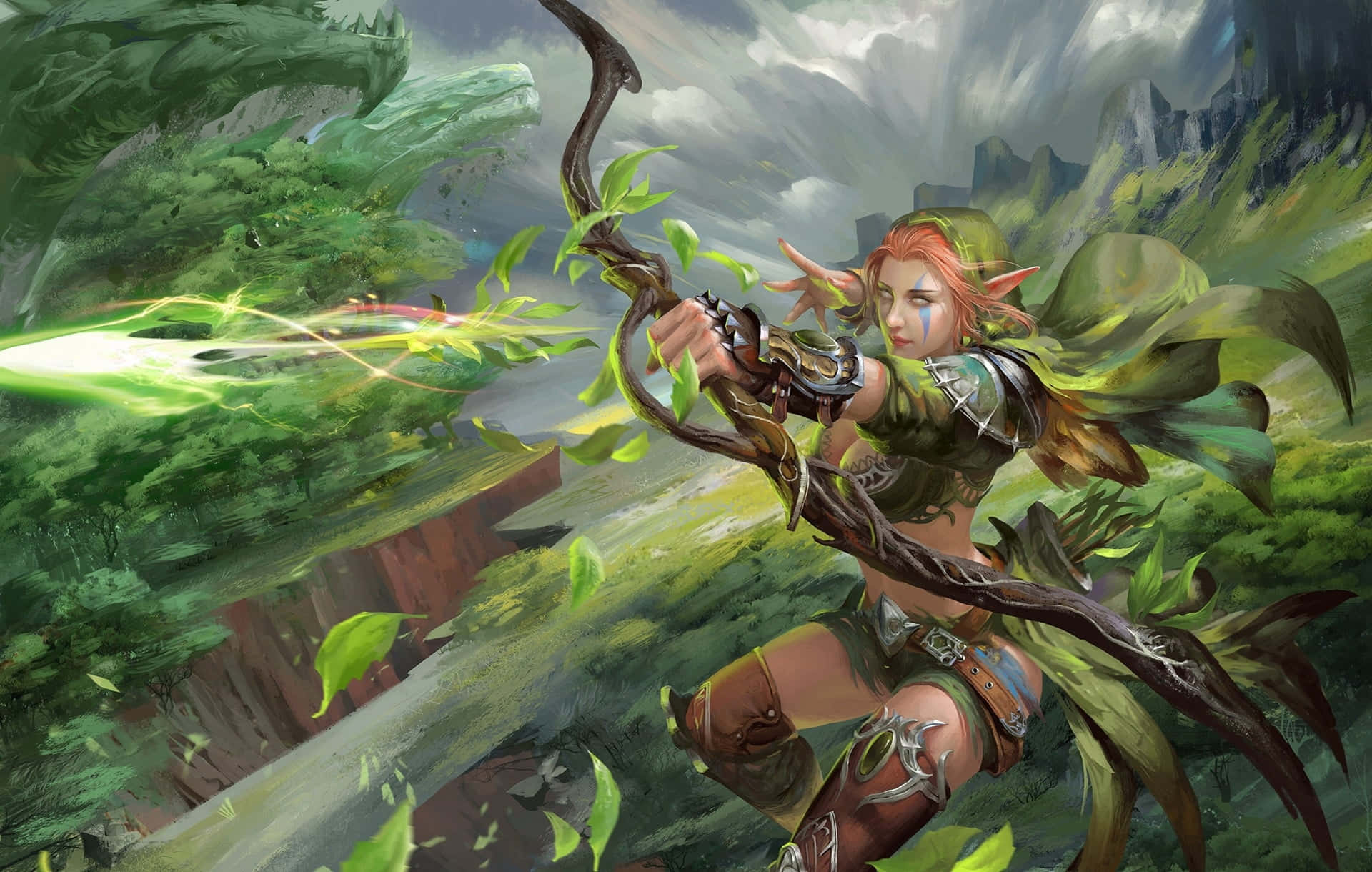High Elf Archer, red hair, green cloak, Full HD Desktop Wallpaper