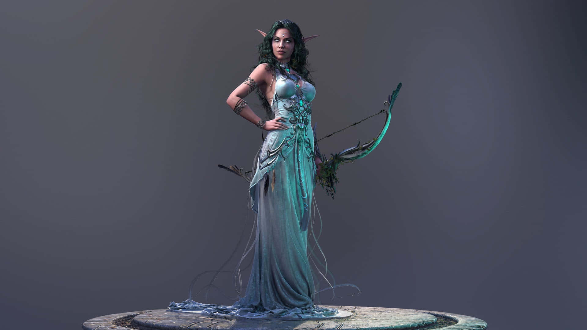 High Elf Archer, mystic forest, teal gown, Full HD Desktop Wallpaper