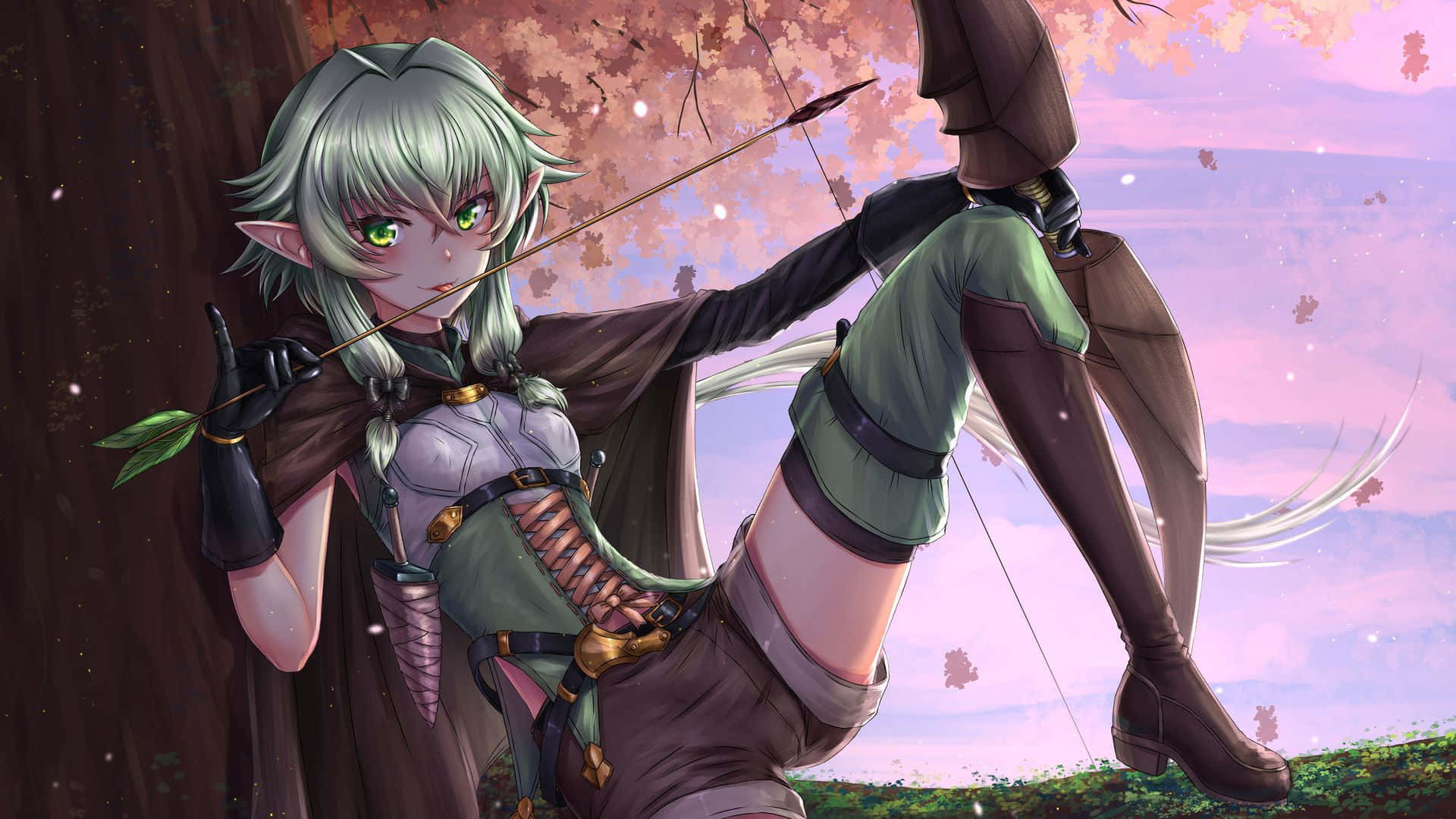High Elf Archer, green eyes, silver hair, Full HD Desktop Wallpaper