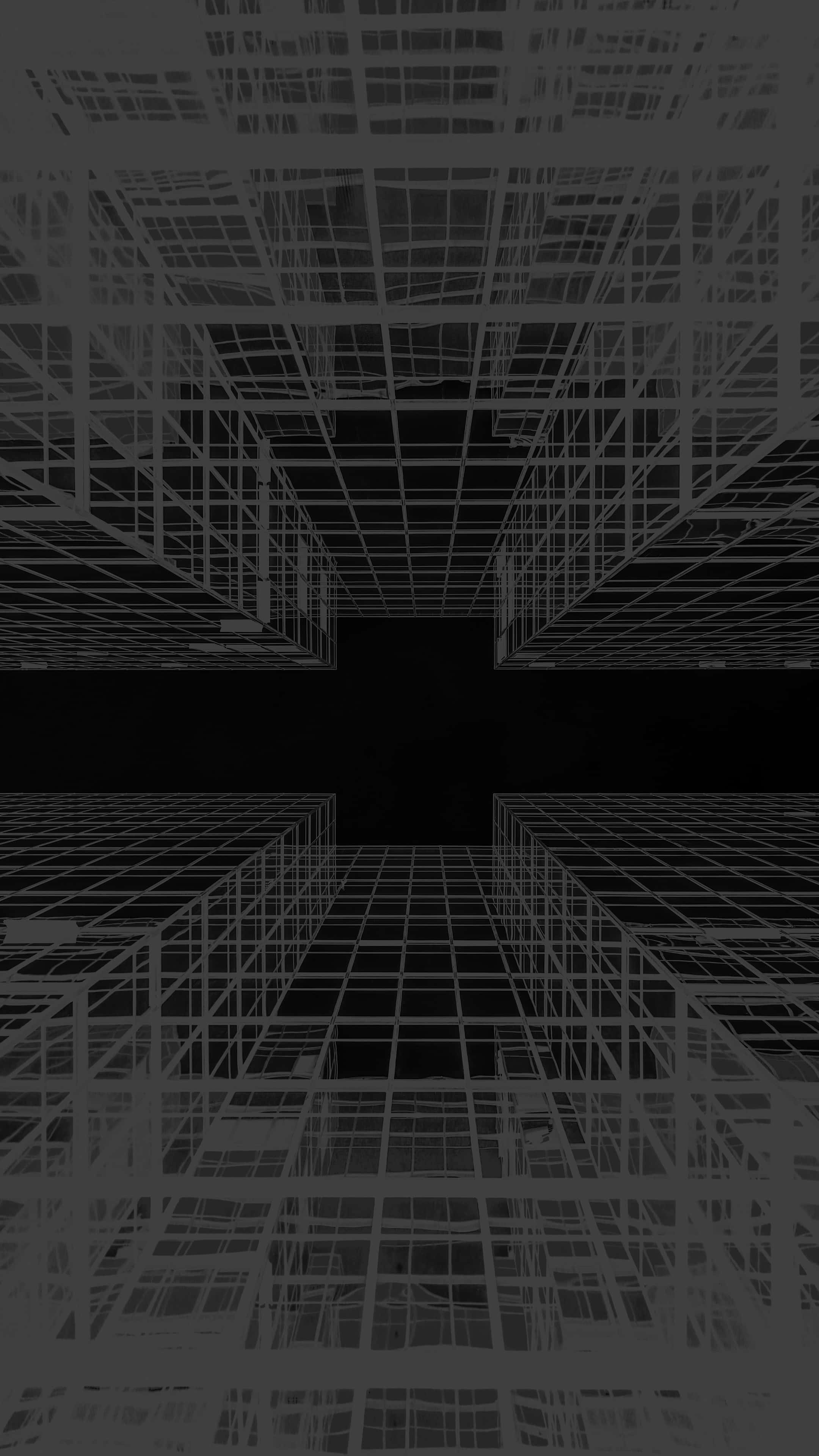 monochrome digital grid tunnel, futuristic architectural void, darkness, 4K Phone Wallpaper