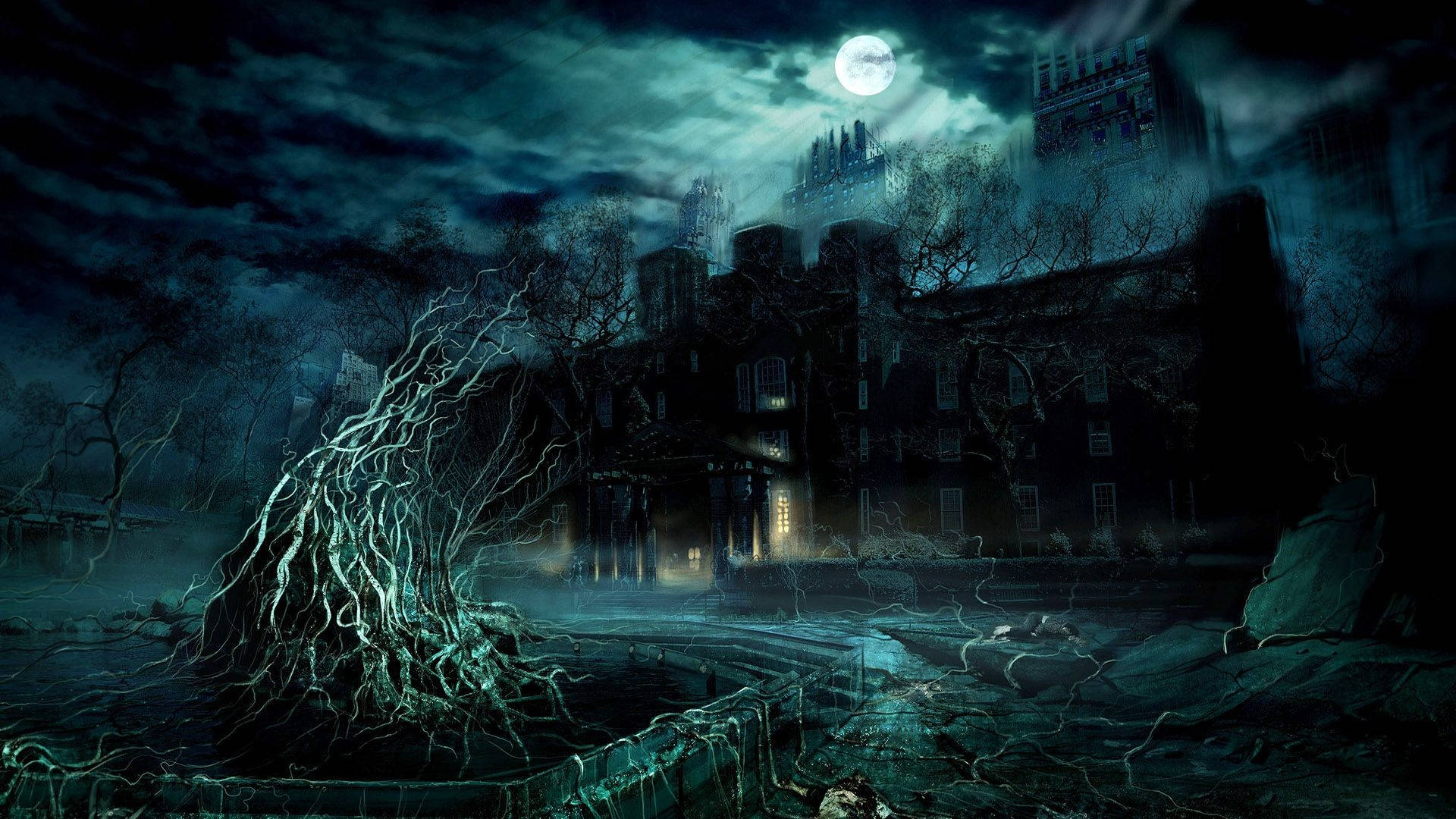haunted mansion, full moon, glowing roots, Full HD Desktop Wallpaper