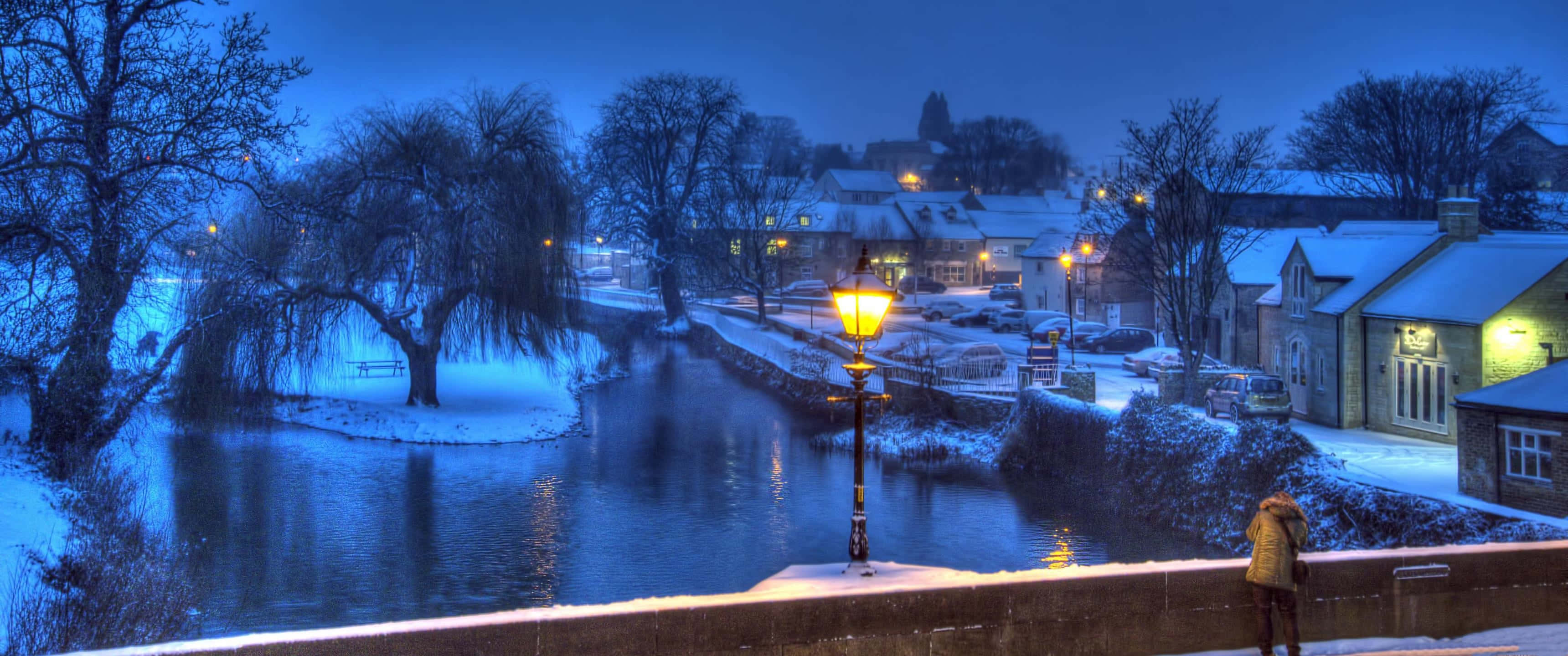 3440x1440, HD, snowy winter evening, 2K Desktop Wallpaper