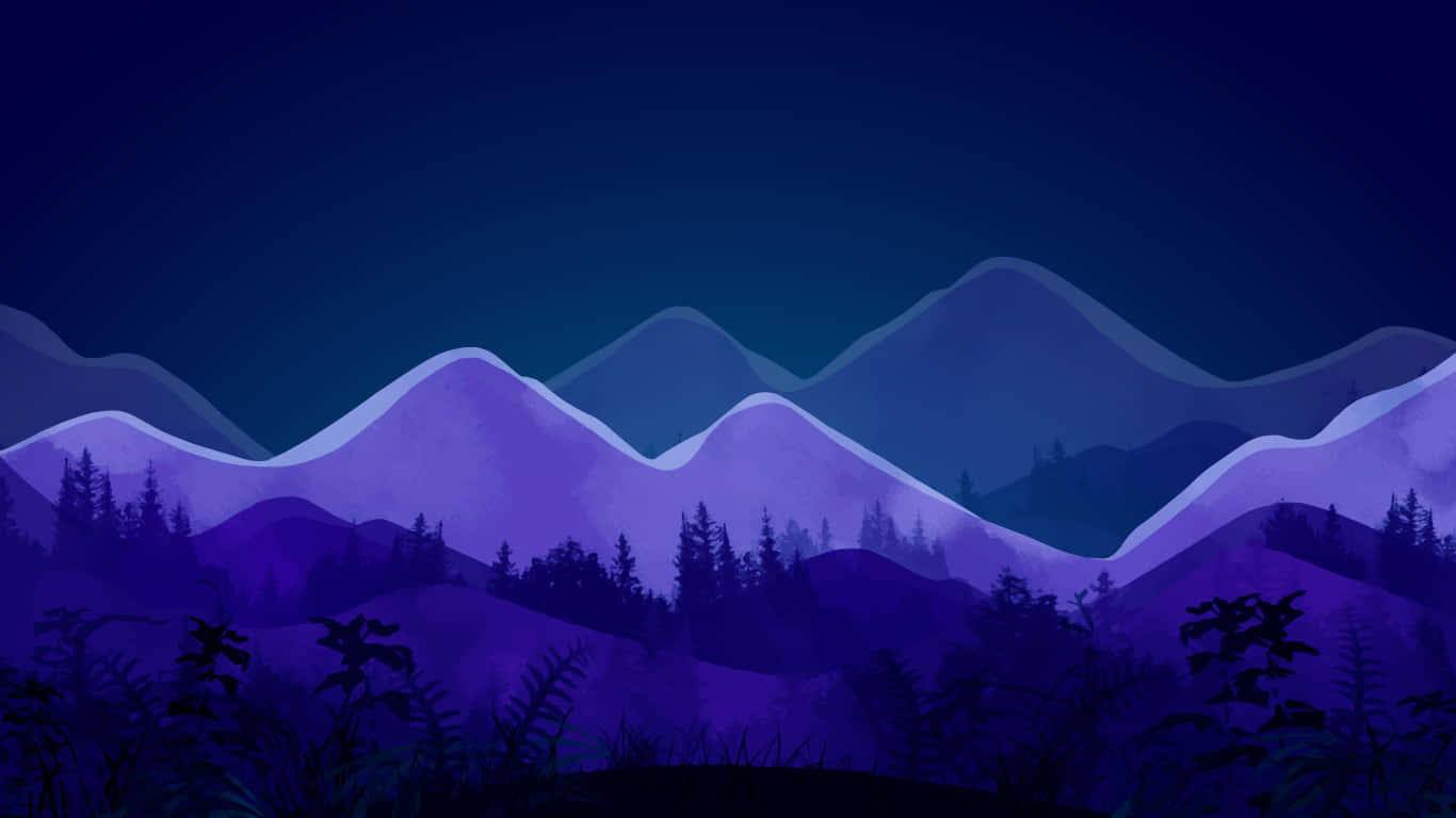 Purple mountain range, deep blue night sky, dark forest, HD Desktop Wallpaper