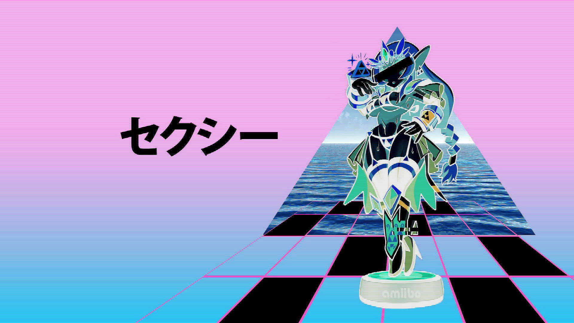 anime character, checkered platform, pink blue gradient, Full HD Desktop Wallpaper