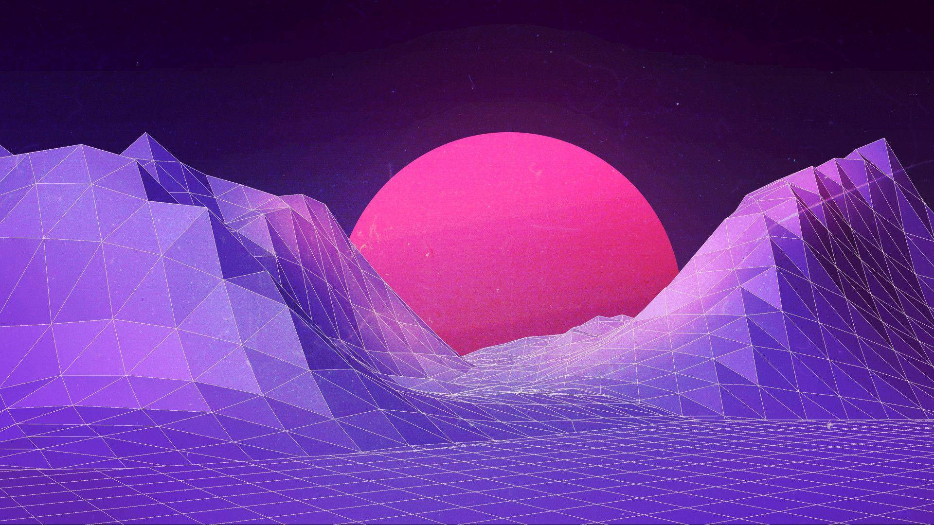 pink vaporwave sun, retrofuturistic landscape, purple geometric mountains, Full HD Desktop Wallpaper