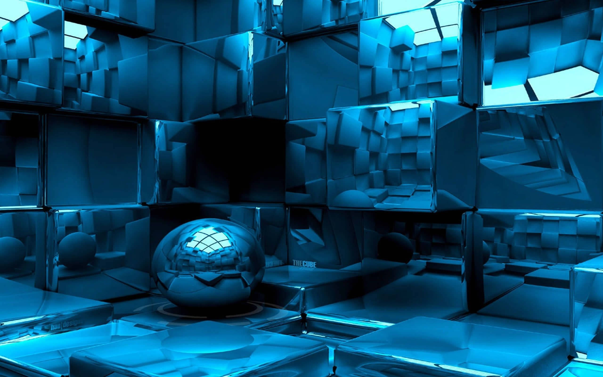 futuristic blue geometric room, reflective cubes, central chrome sphere, 2K Desktop Wallpaper