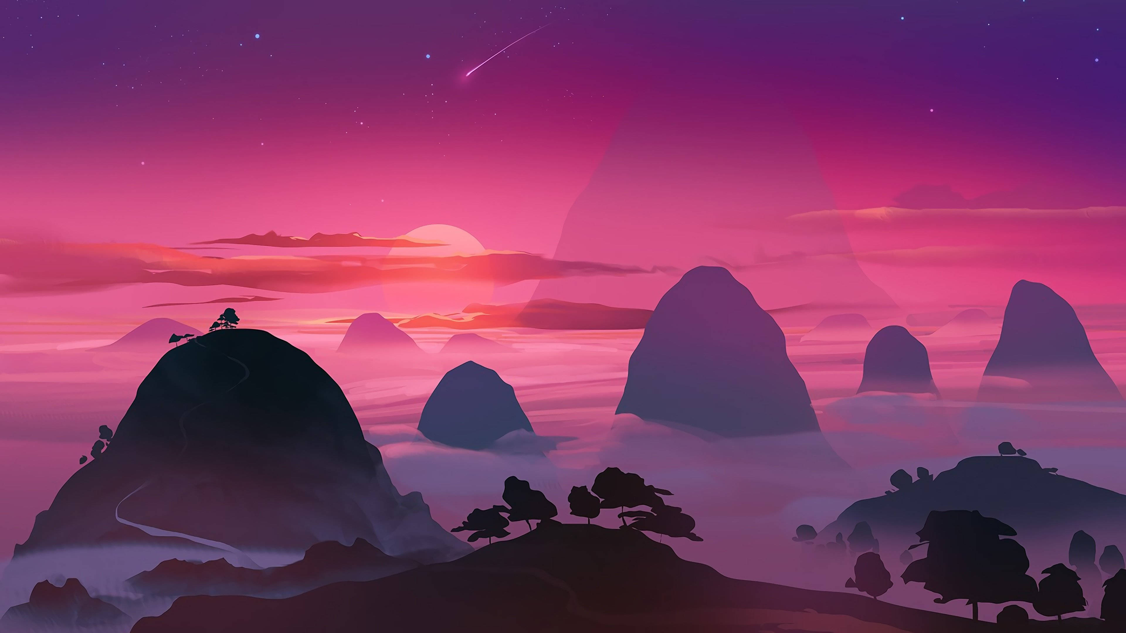 mountains, pink sky, twilight, 4K Desktop Wallpaper