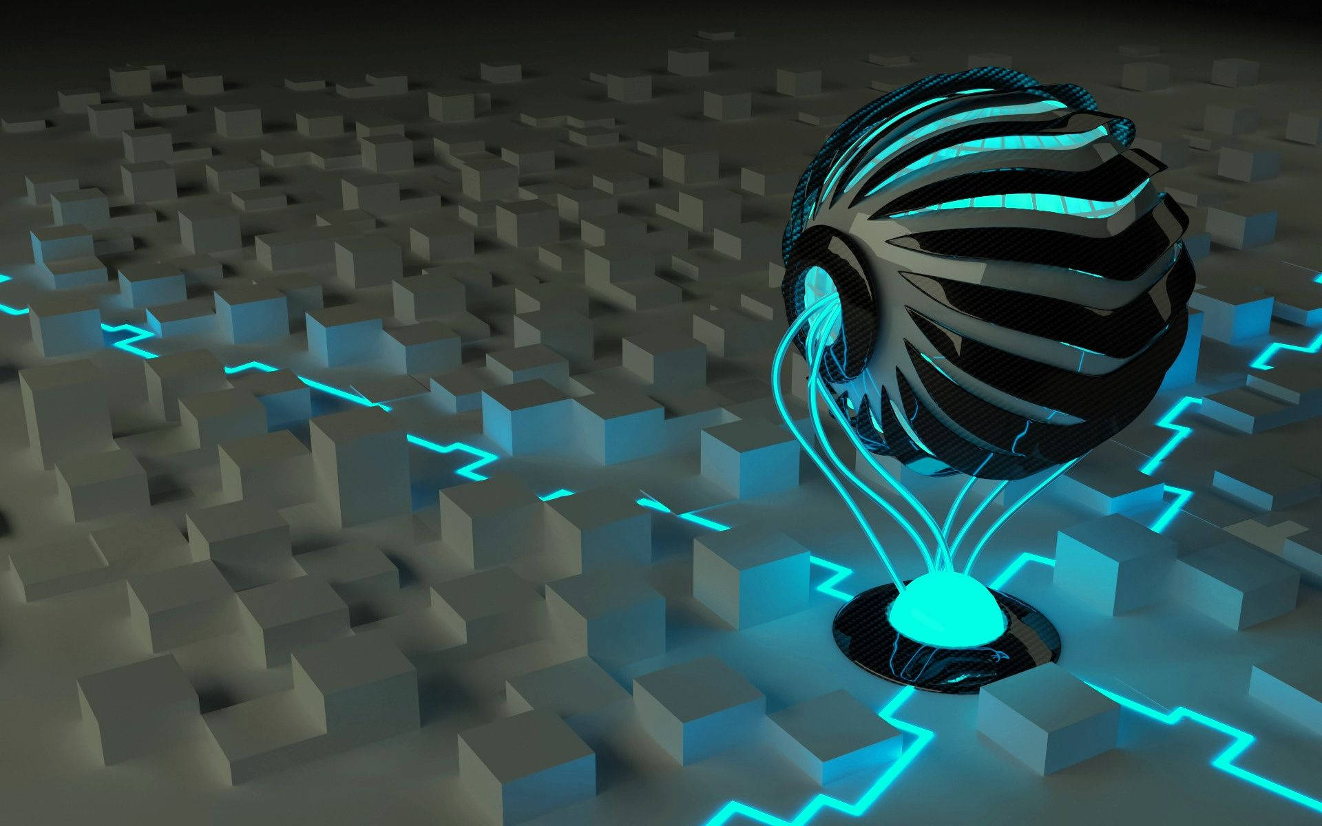 blue glowing sphere, neural network sphere, grid of cubes, Full HD Desktop Wallpaper