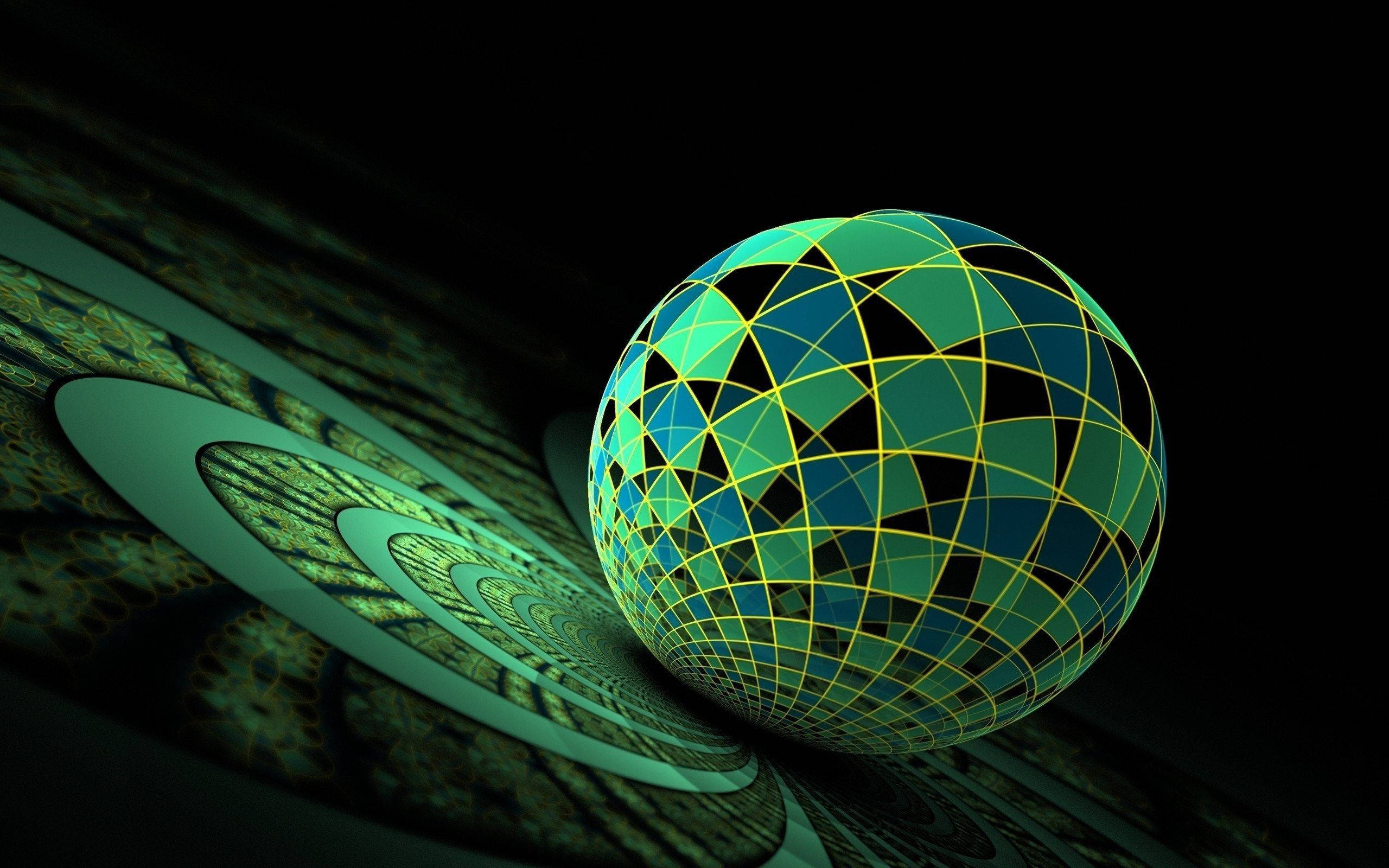 green patterned ball, glowing green geometric sphere, yellow grid lines, 2K Desktop Wallpaper