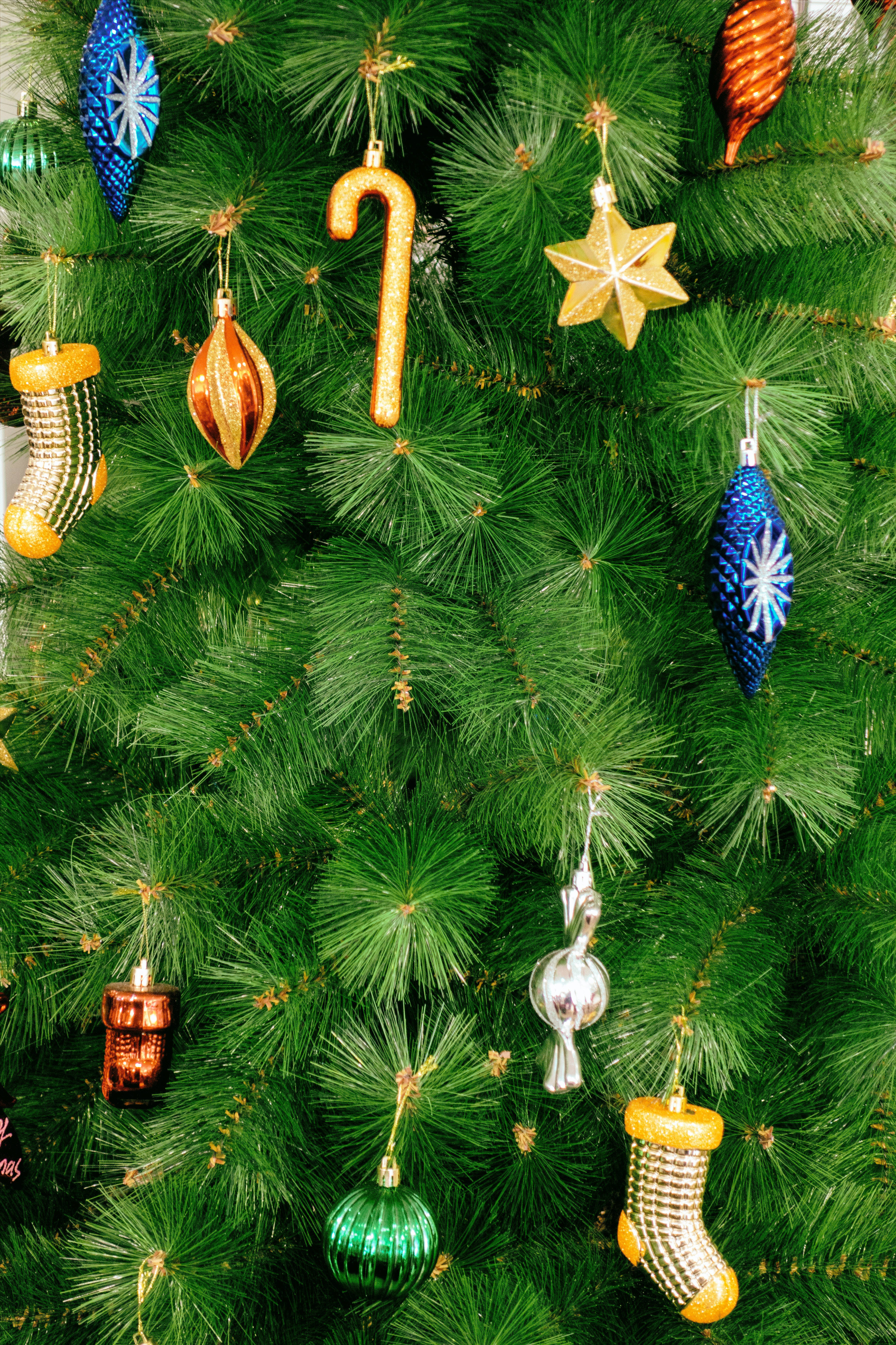 Christmas tree, shiny blue gold and silver ornaments, stars, 5K Phone Wallpaper